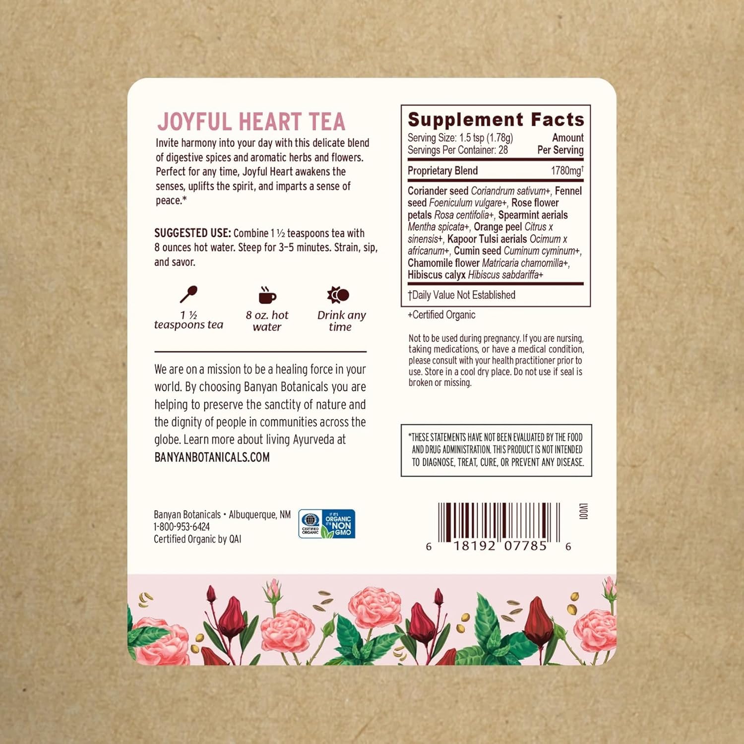 Banyan Botanicals Joyful Heart CCF Tea – Loose Leaf Organic Herbal Tea – Uplifting and Aromatic CCF Tea with Hibiscus, Tulsi, and Rose – 1.8 oz. – Non-GMO Sustainably Sourced Herbal Loose Leaf Tea