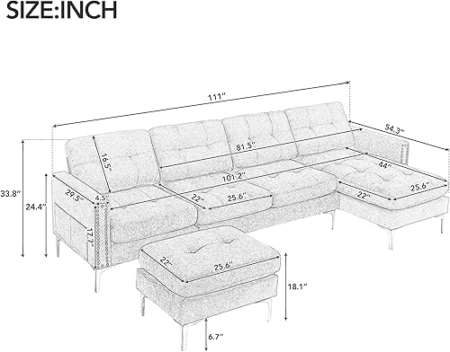 Miniatura 2 de Sofá modular convertible en forma de L con diván reversible, otomana móvil y bolsillos laterales, sofá de terciopelo de 110 pulgadas para sala de