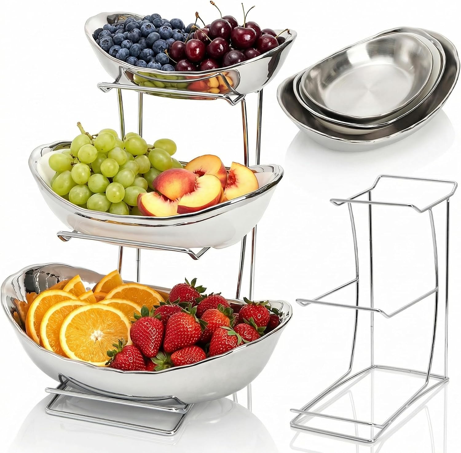 Goaste 3 Tier Ceramic Fruit Bowl, Oval Tiered Serving Bowl Set, Porcelain Fruit Basket with Metal Stand, Large Detachable Fruit Storage Holder Rack for Kitchen Counter, Vegetable, Cake, Dessert, Salad