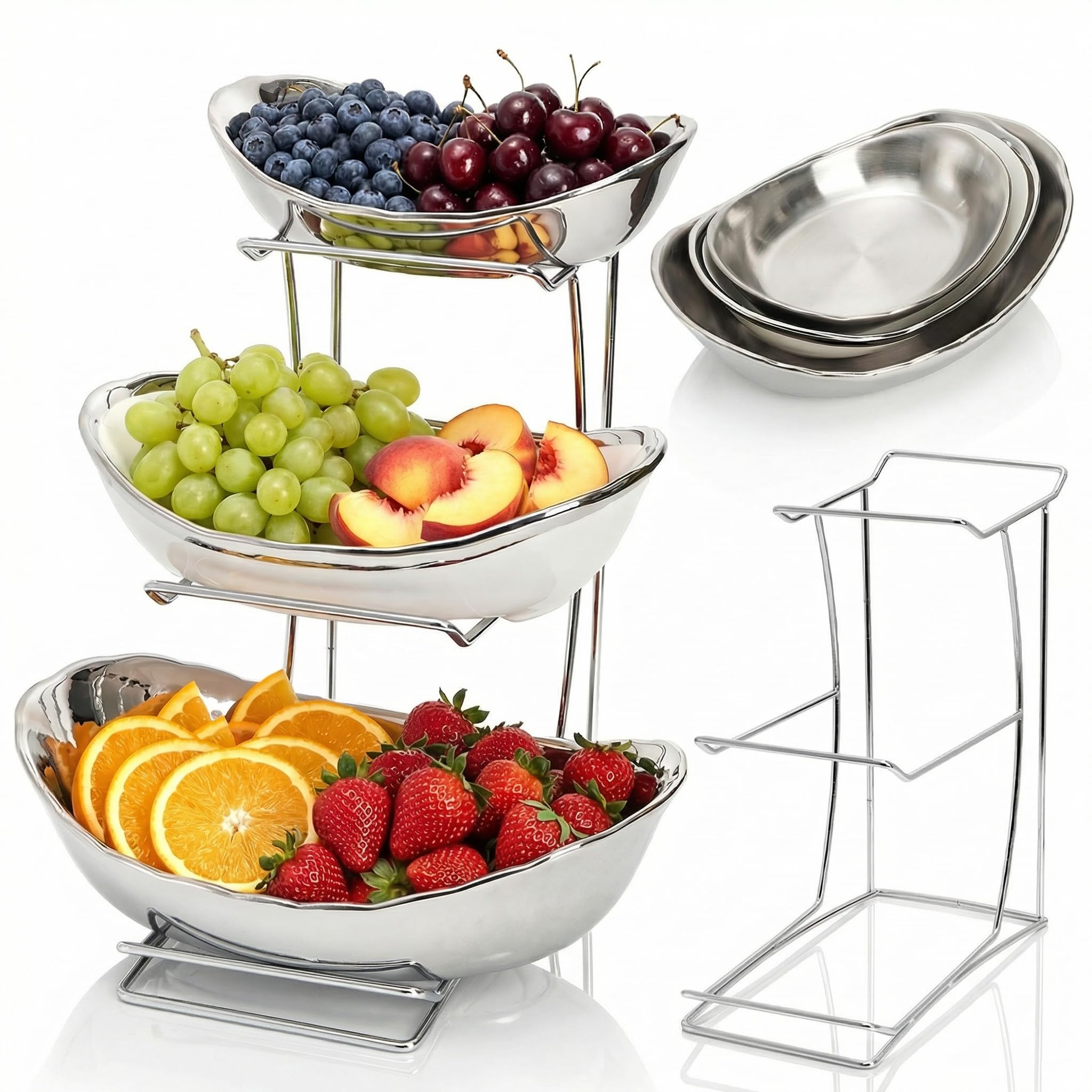 Goaste Corbeille à fruits ovale à 3 niveaux en céramique avec support en métal - Bols de cuisine en porcelaine pour le stockage des fruits, des légumes, des collations, des noix, des desserts
