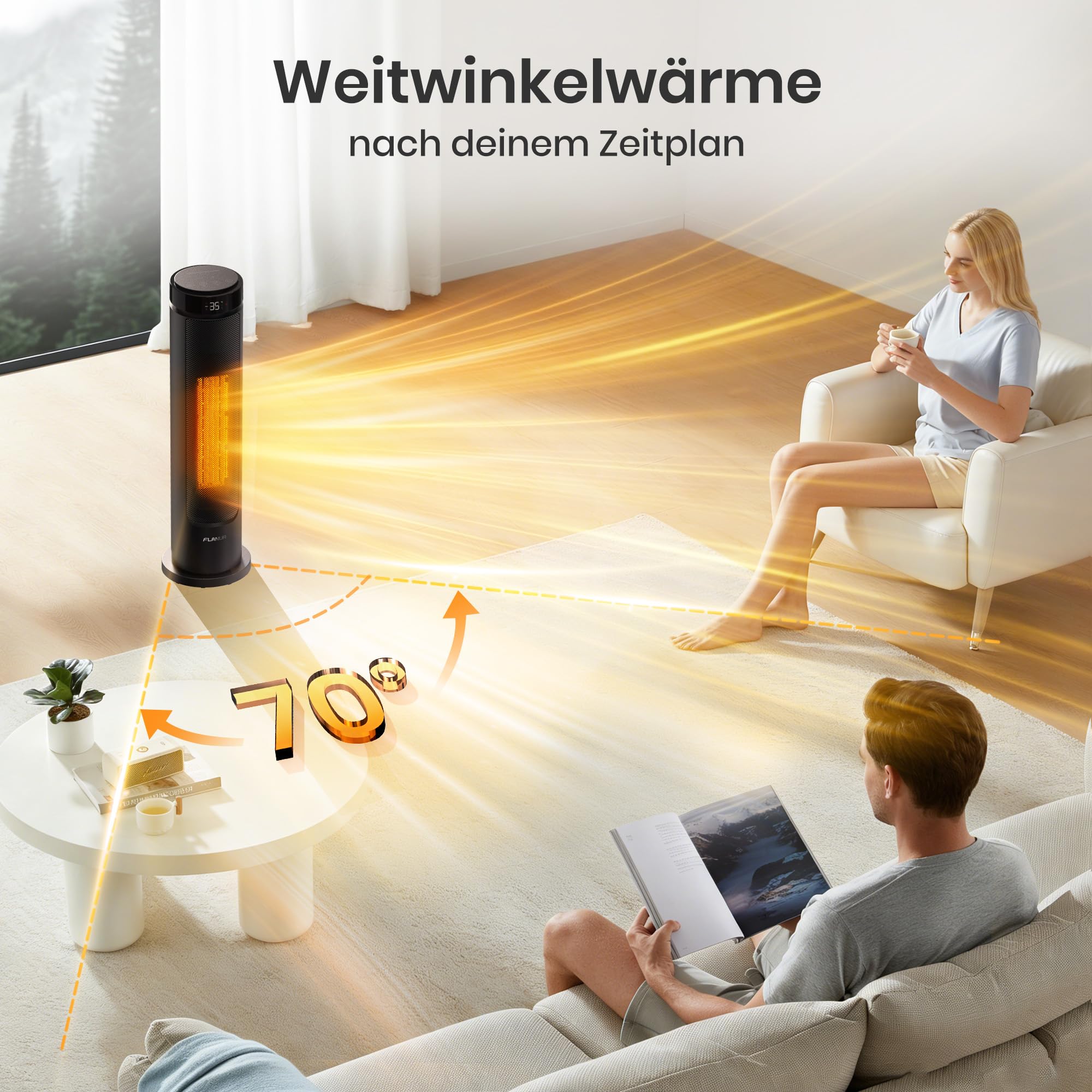 Heizlüfter Energiesparend, 2000W PTC Keramik Heizlüfter, 36dB Leise, Thermostat, 70° Oszillation, 12H Timer, Überhitzungs-Kippschutz, Elektroheizung für Innenräume, 60cm, Schwarz,1 Pack+3 Modi