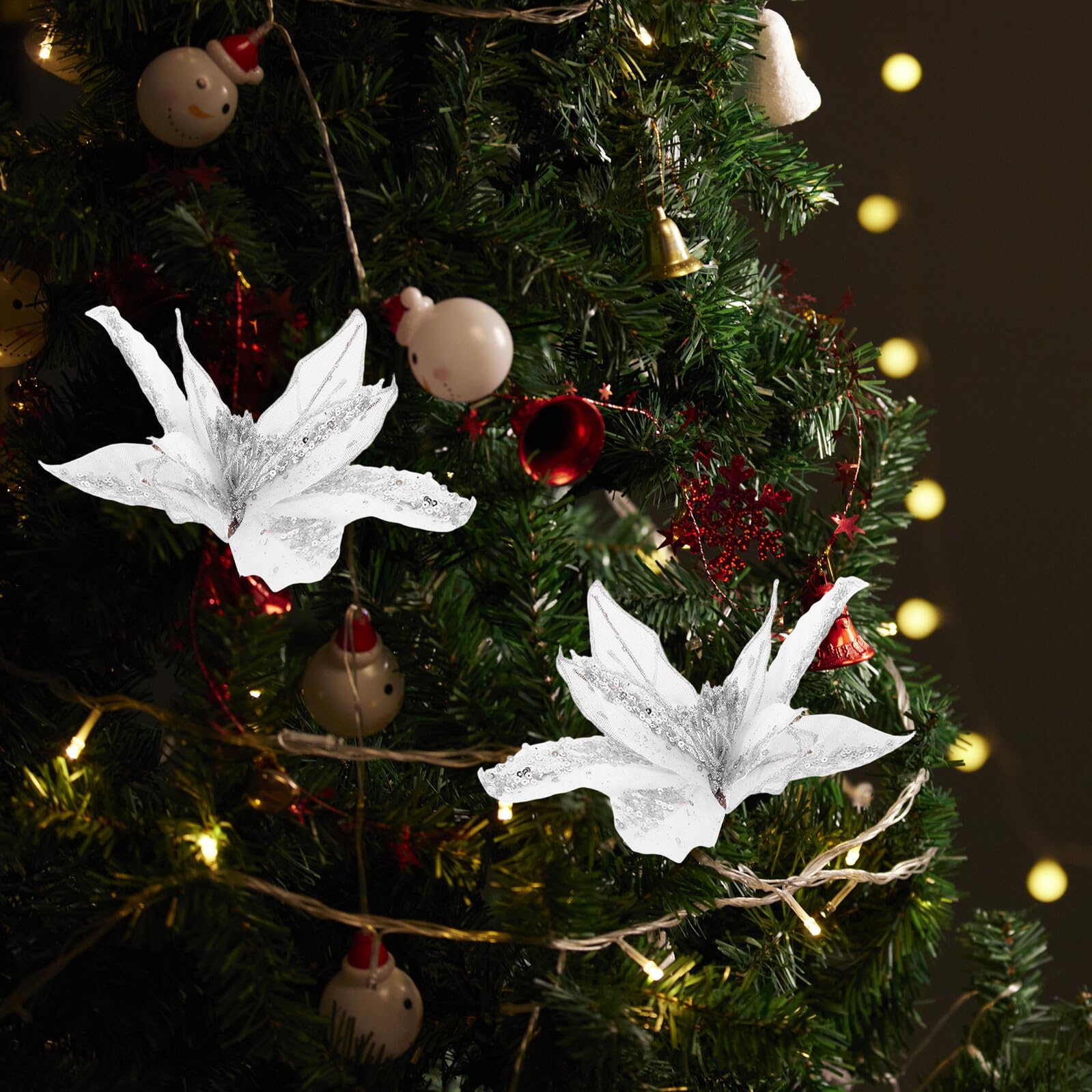 6 Stück Silber Glitzer Weihnachtsstern Handgefertigte Künstliche Weihnachtsblumen für Baumdekoration Festlicher Poinsettia Strauß Vielseitig für Innen Außen und