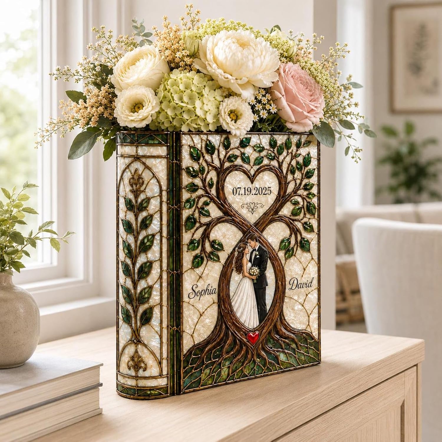 Personalized Wedding Book Vase, Stained Glass Couple Gift with Names Date