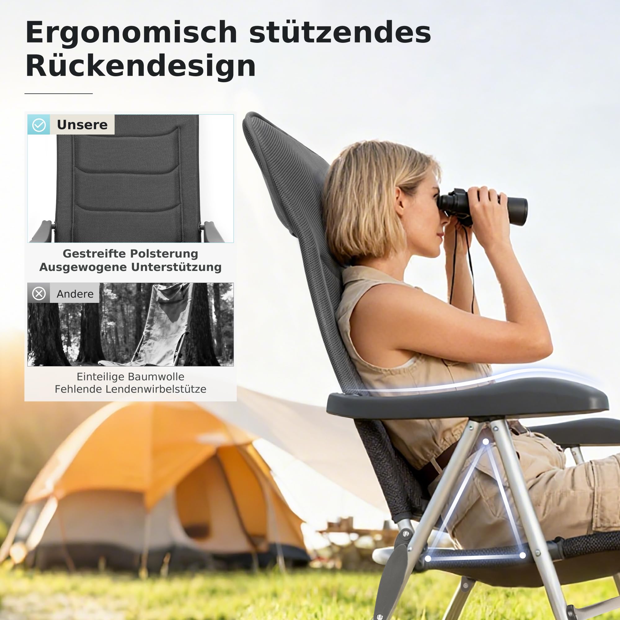 LET'S CAMP Luxus Gartenstühle Hochlehner 2er Set, Aluminium Hochlehner Gartenstuhl Klappbar Klappstuhl Balkonstuhl Campingstuhl 7-Fach Verstellbar Alu mit hoher Rückenlehne, Belastbar 120 KG Grau