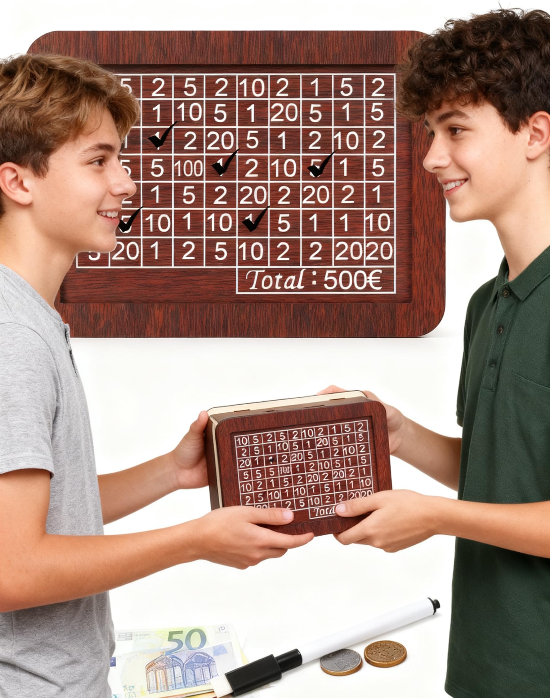 Spardose aus Holz, €500 Sparbox Retro Sparbüchse Aufbewahrungsbox, Wiederverwendbare Spardose mit Sparziel und Zahlen zum ankreuzen für Spar Challenge