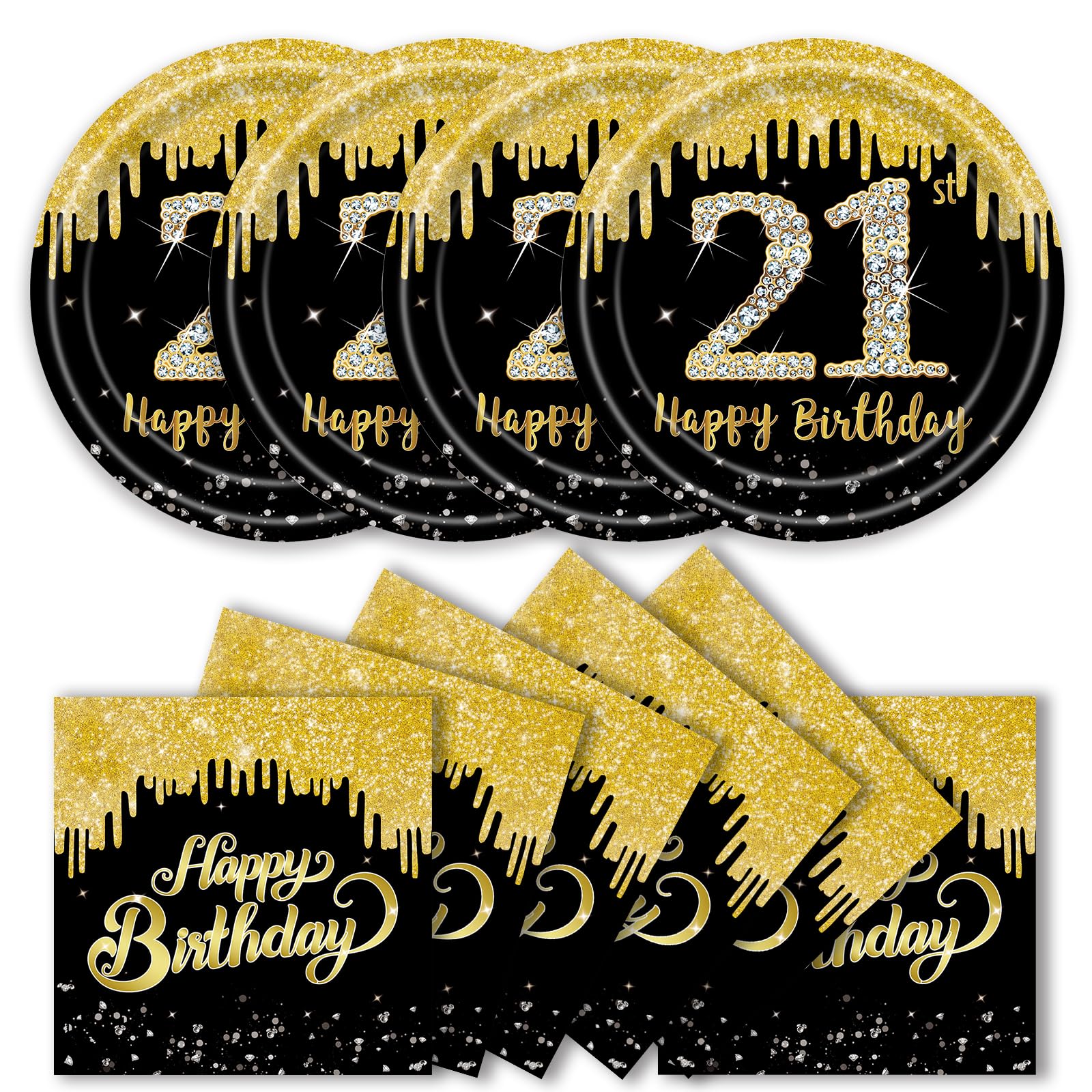 KFJBPB 40 Pcs 21st Birthday Plates and Napkins Party Supplies, Back Gold 21st Dinner Plates Napkins Tableware Set for Boy Girl Cheers to 21 Years