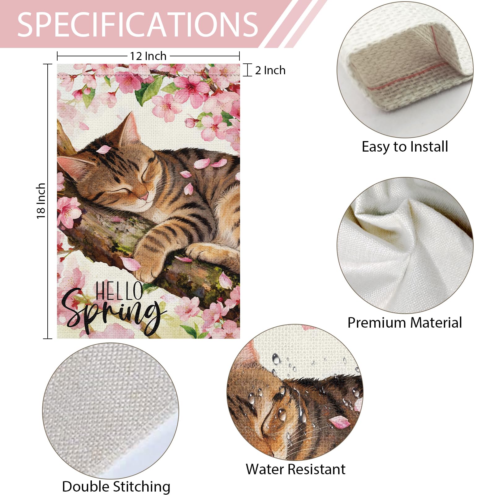 Heyfibro Hello Spring Tabby Cat Garden Flag 12x18 Double Sided Burlap, Watercolor Cherry Blossom Flower Yard Banner for Rustic Seasonal Summer Outdoor Decoration (ONLY FLAG) - 5