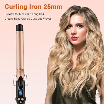 Curling Tongs 25mm for Medium and Long Hair Professional Tourmaline Ceramic Barrel Curler Iron with Clamp Dual Voltage Adjustable Temperature Long-Lasting Results Black