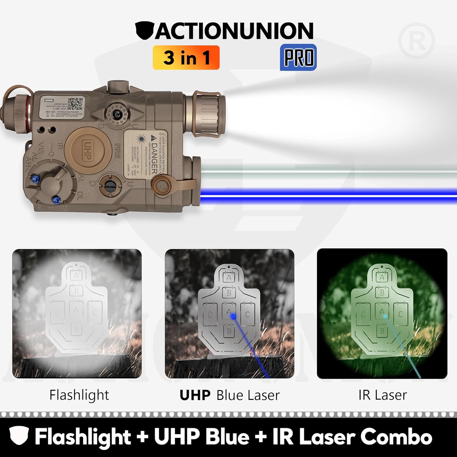 ACTIONUNION Airsoft PEQ-15S Pro UHP Visible Blue Laser + IR Laser + White LED Flashlight