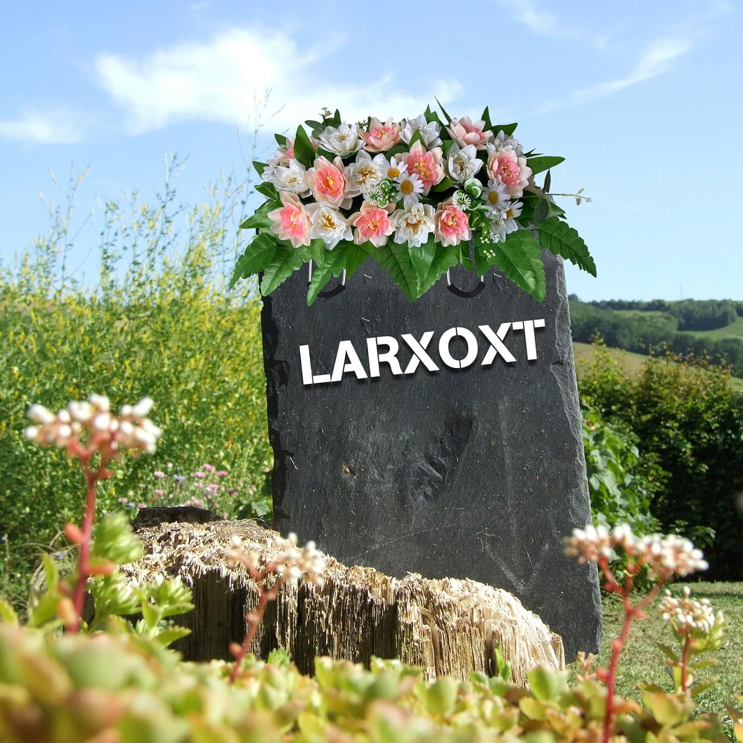 Tombstone Flowers - Outdoor Grave Decorations, Cemetery Flowers for a Grave to Be Placed on a Tombstone, The Cemetery Flowers for Grave Saddle Are Composed of Artificial Champagne White Peony Bouquets