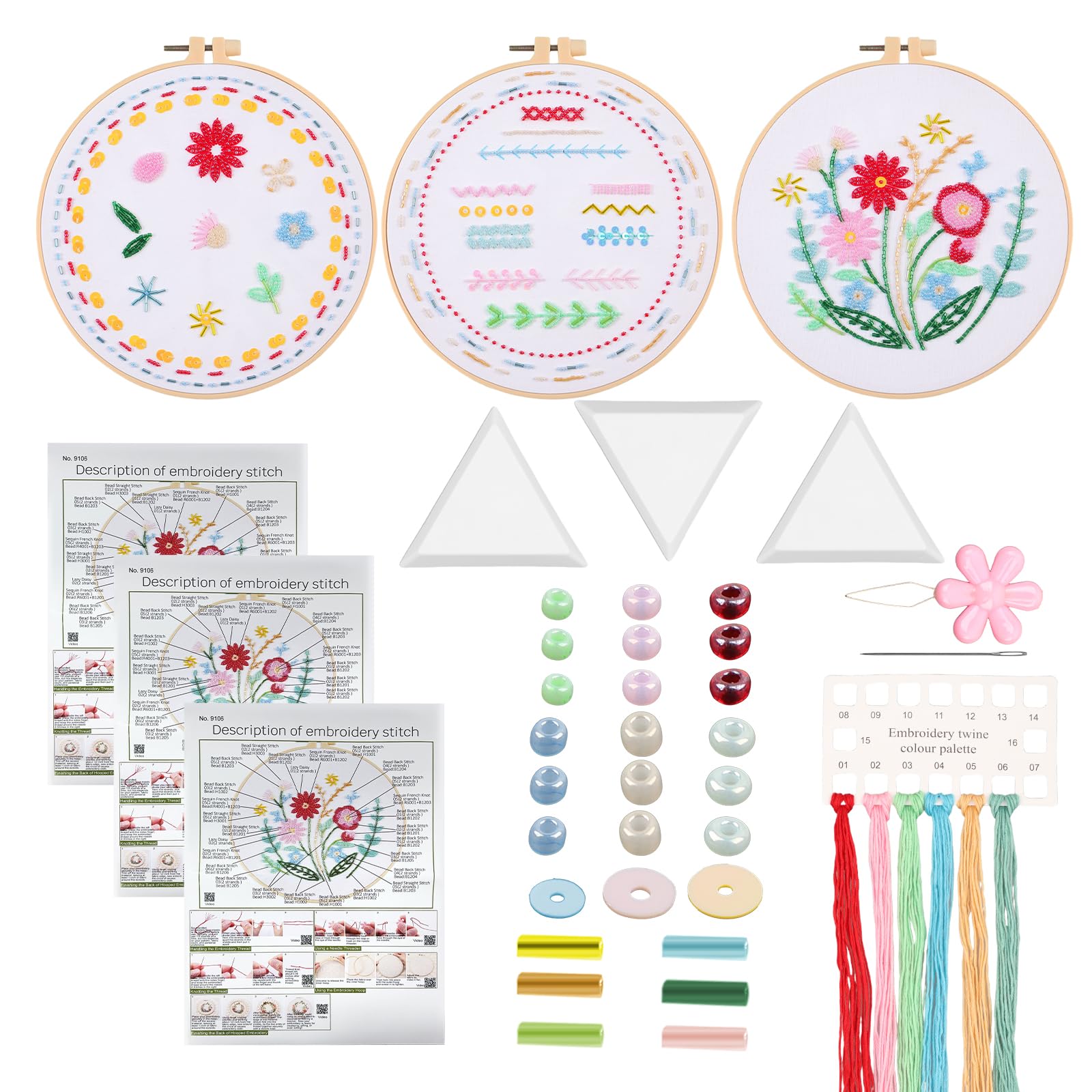 Mingbolin Multiple Colours Embroidery Kit For Beginners 3 Pack Embroidery Starter Kit With Embroiderys Patterns, Hoops, Threads, Needles & Beads, Complete Embroiderys Kits For Beginners