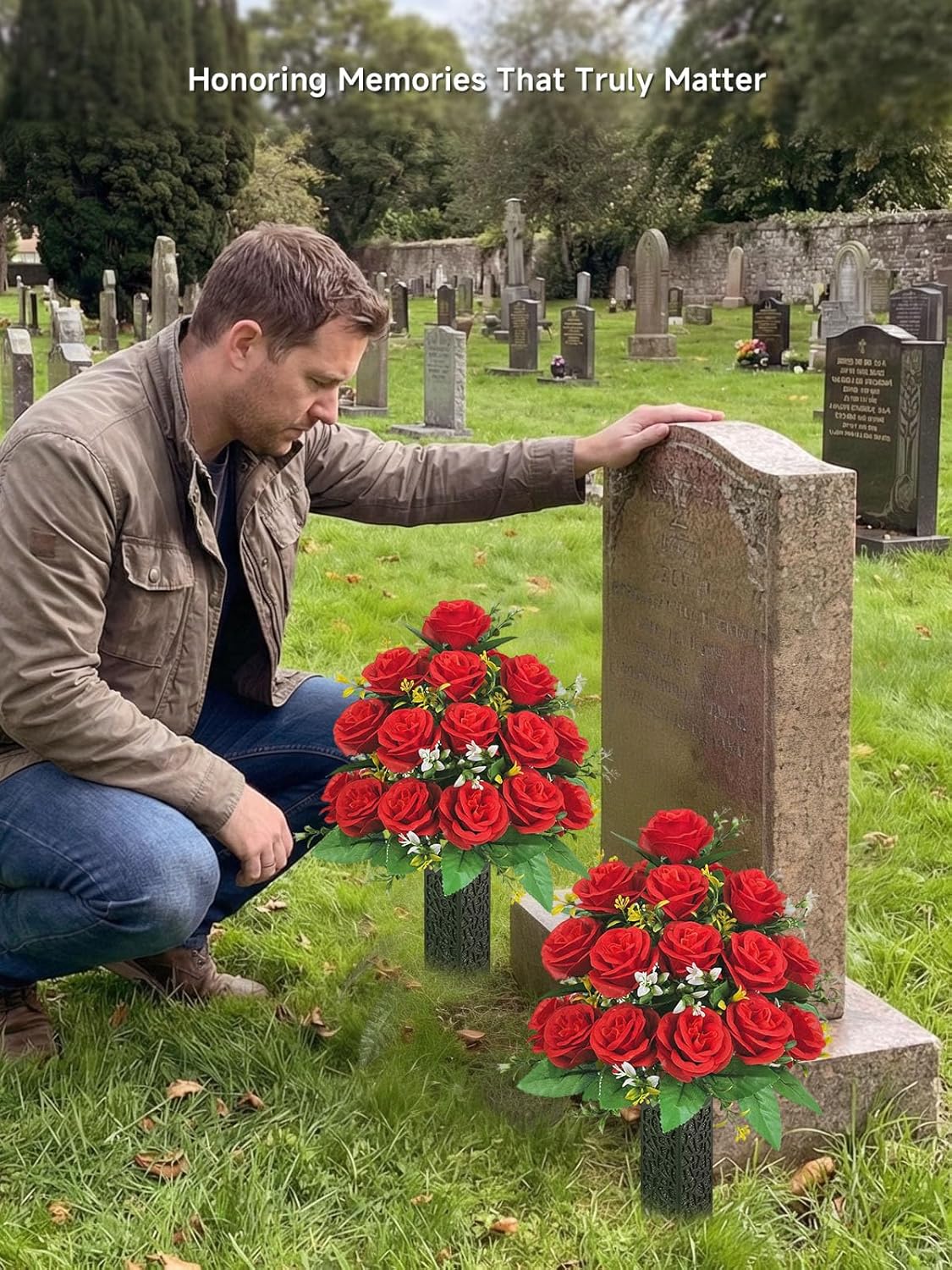 2-Pack Artificial Cemetery Flowers for Grave, 18-Stem Red Rose Bouquets with Spiked Vases, Wind-Secure Non-Bleeding Memorial for Headstones & Gravesites