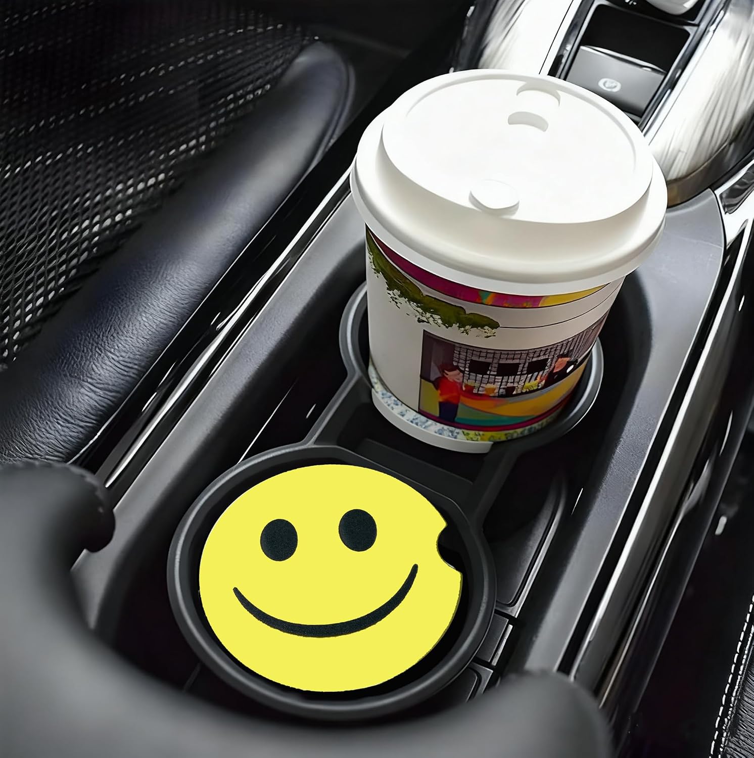 Yellow Smiley Ceramic Car Coasters 2 Pack Absorbent Cup Holders for Car Cupholders with Cork Base 2.56 Inch Universal Fit for Car Interior Accessories image 4