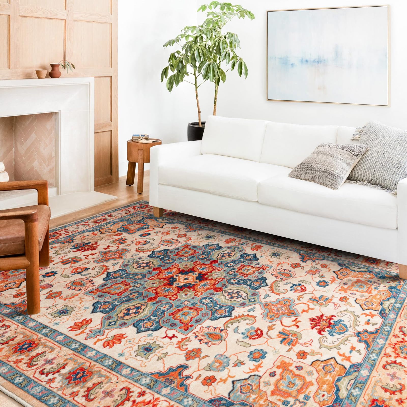 CHICHIC Area Rug 8x10 Washable Rug for Living Room Large Bedroom Rug Boho Persian Area Rugs Oriental Accent Non-Slip Rug Soft Vintage Floor Carpet for Dining Room Office Farmhouse, Red-Blue