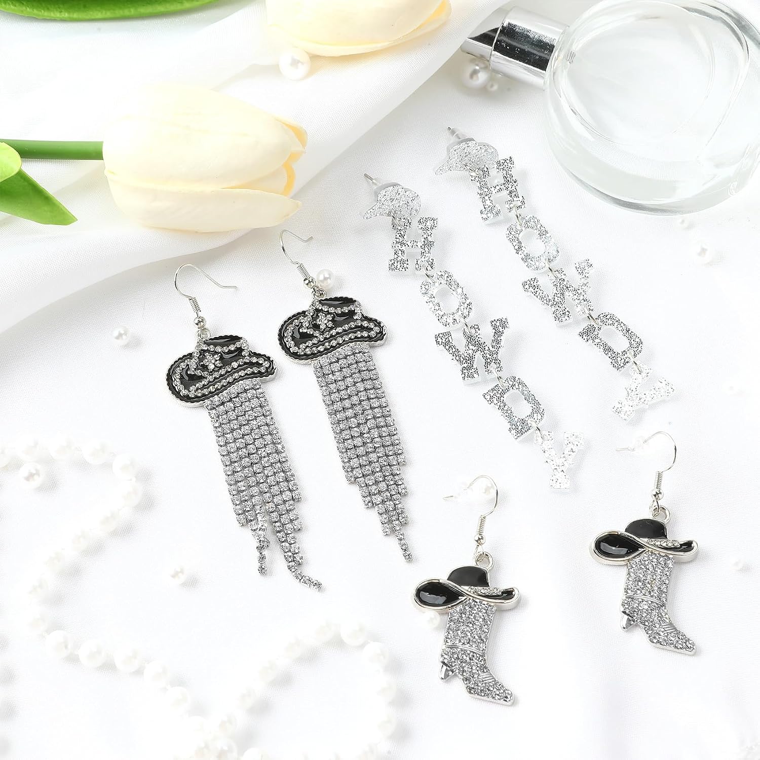 Cowgirl Cowboy Country Earrings Set for Women, Sparkly Rhinestone Tassels, Symmetric Boots Rural Culture Earring image 3