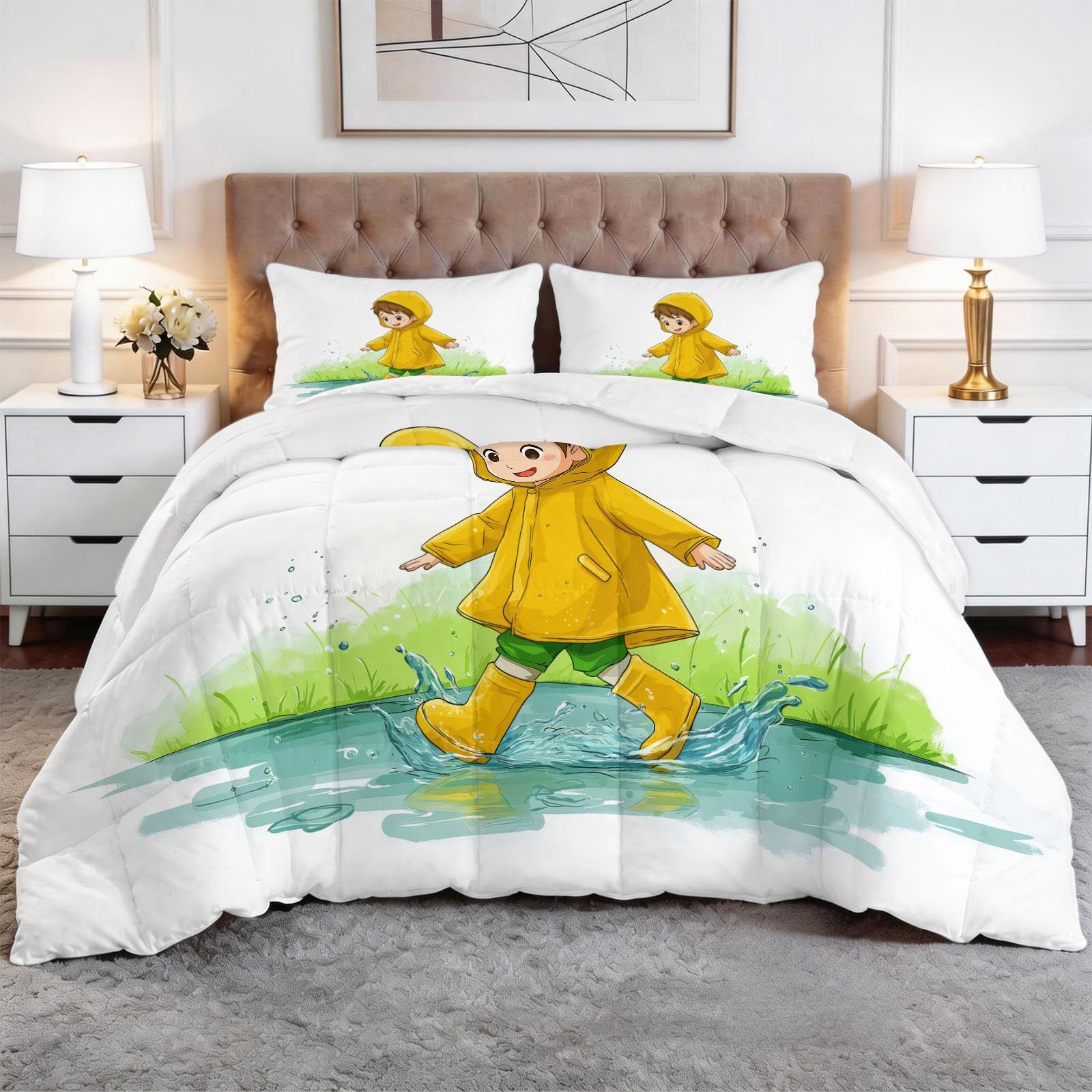 Generico Piumone Invernale Matrimoniale 200 x 200 cm Anime Bambino Pioggia Trapunta in Ecopiuma 400 gr/mq, Caldo ed Elegante – Biancheria da Letto Anallergica e Traspirante – Set 3 Pezzi, Giallo