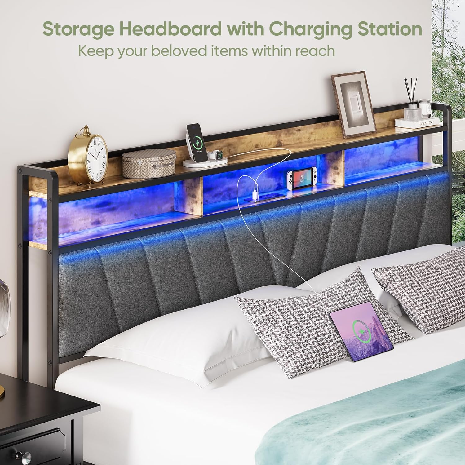 King Bed Frame with Wood Headboard, Metal Platform Bed with LED Lights & Charging Station, 2-Tier Storage Shelves, Sturdy and Easy Assembly, Under Bed Space, No Box Spring Needed, Noise Free, Brown