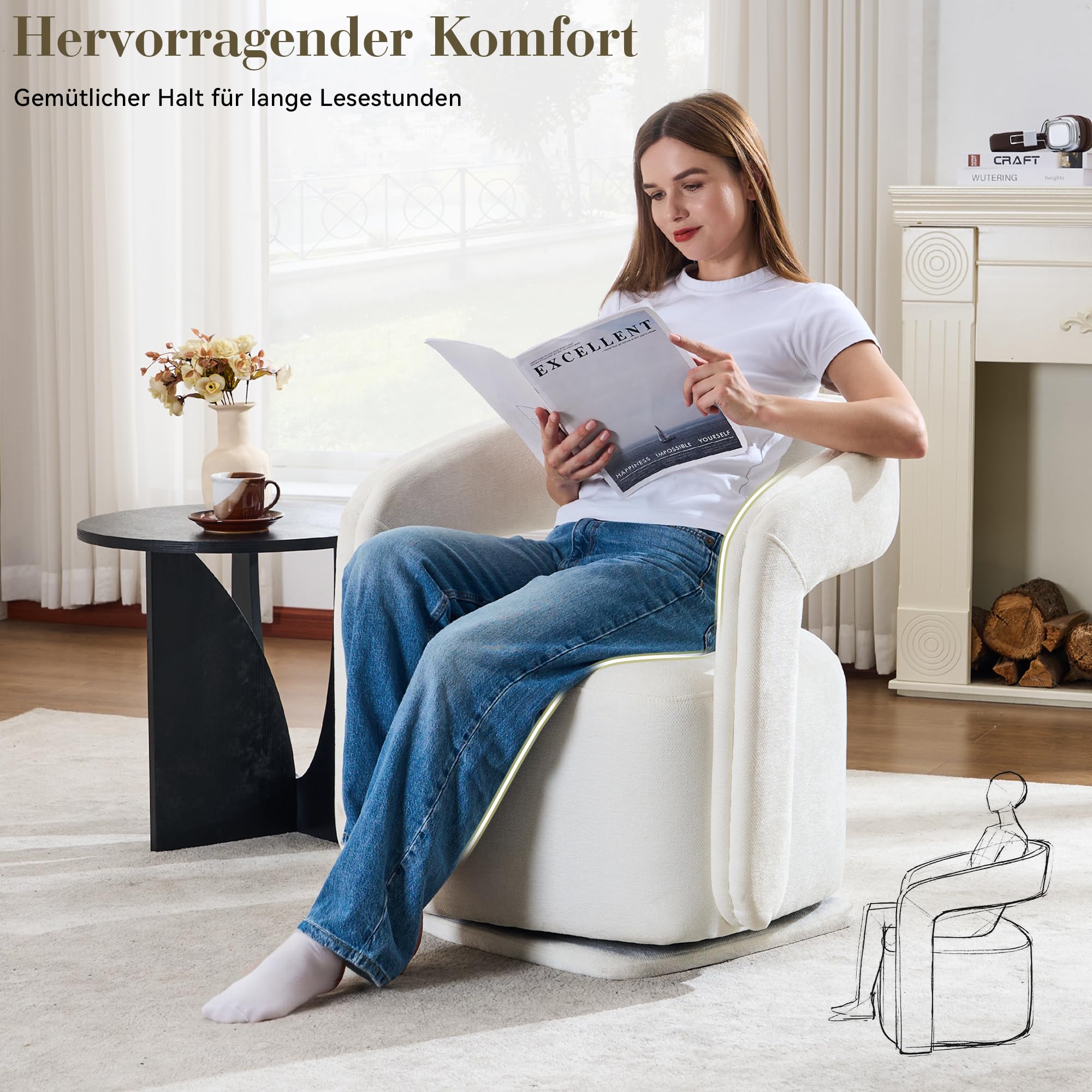 DEKKETO 360° Drehbarer Polstersessel, Chenille Lounge Sessel mit Großer Sitzfläche und Geschwungener Rückenlehne, Moderner Drehsessel für Wohnzimmer, Schlafzimmer, Weiß