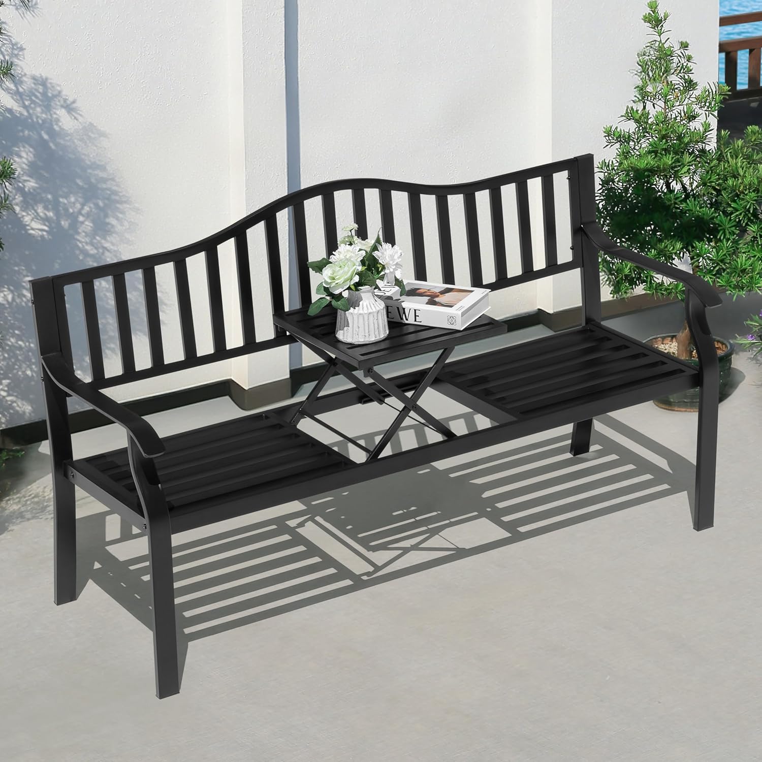 NUU GARDEN Outdoor Garden Bench with Built-in Small Table, E-Coated Metal Patio Bench for Porch, Lawn, Yard, Garden, Poolside, Black