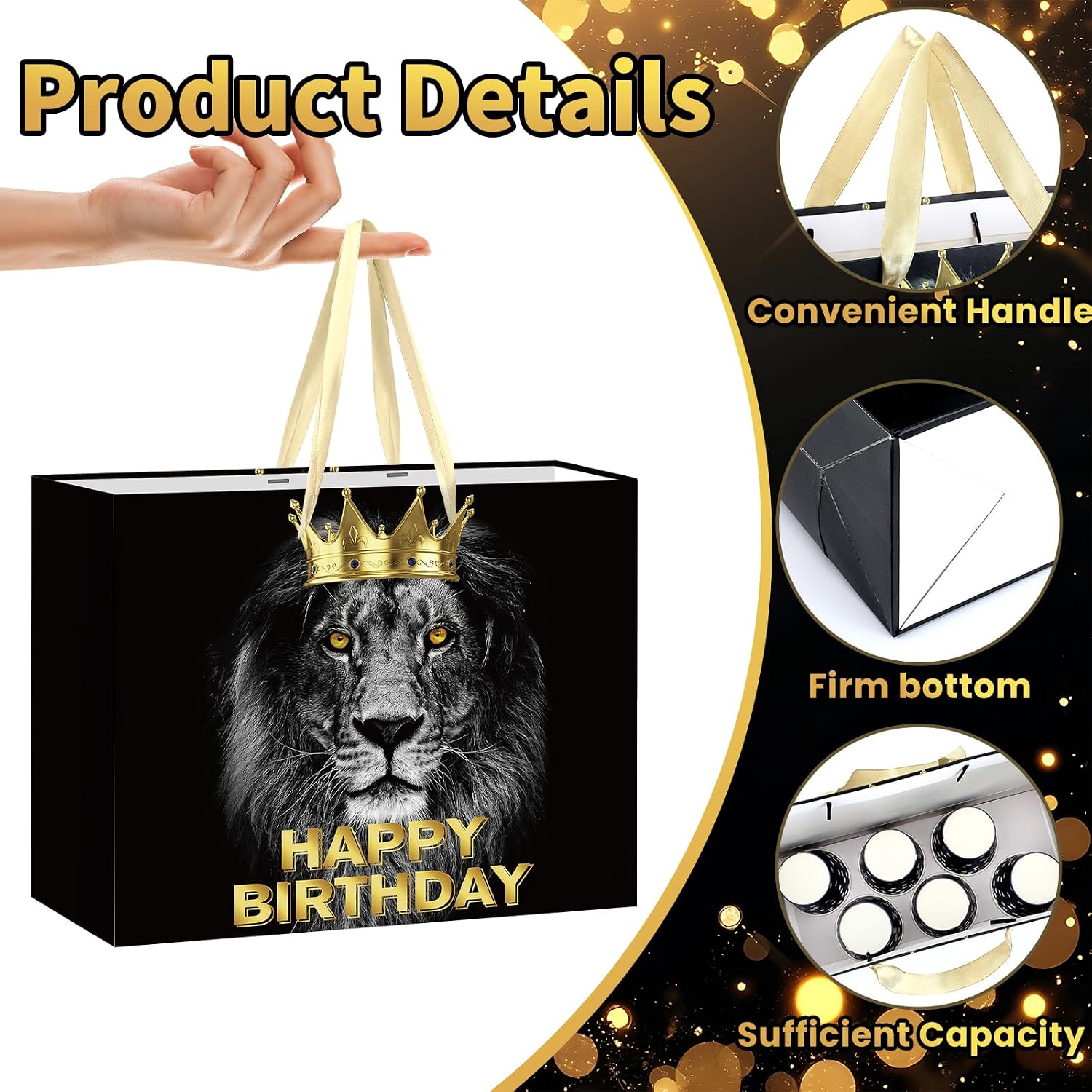 Black Gold Gift Bag for Men Boys, Large Lion Theme Happy Birthday Gift Bag with Wrapping Paper and Card Funny Man Birthday Gifts for Son, Dad, Mom, Husband, Grandpa, 40th 50th 60th 70th 80th 90th Gifts