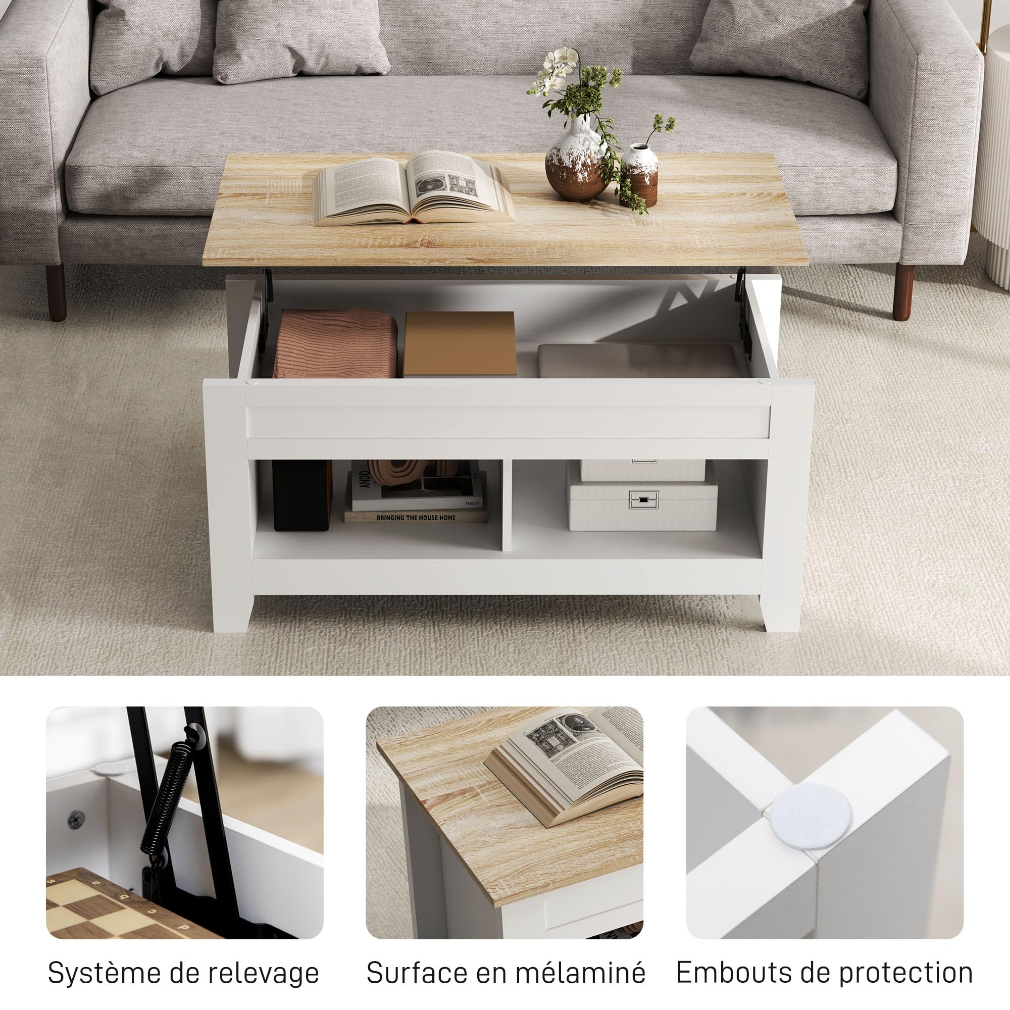 HOMCOM Table Basse Plateau Relevable 105x50x49-62,5cm Blanc