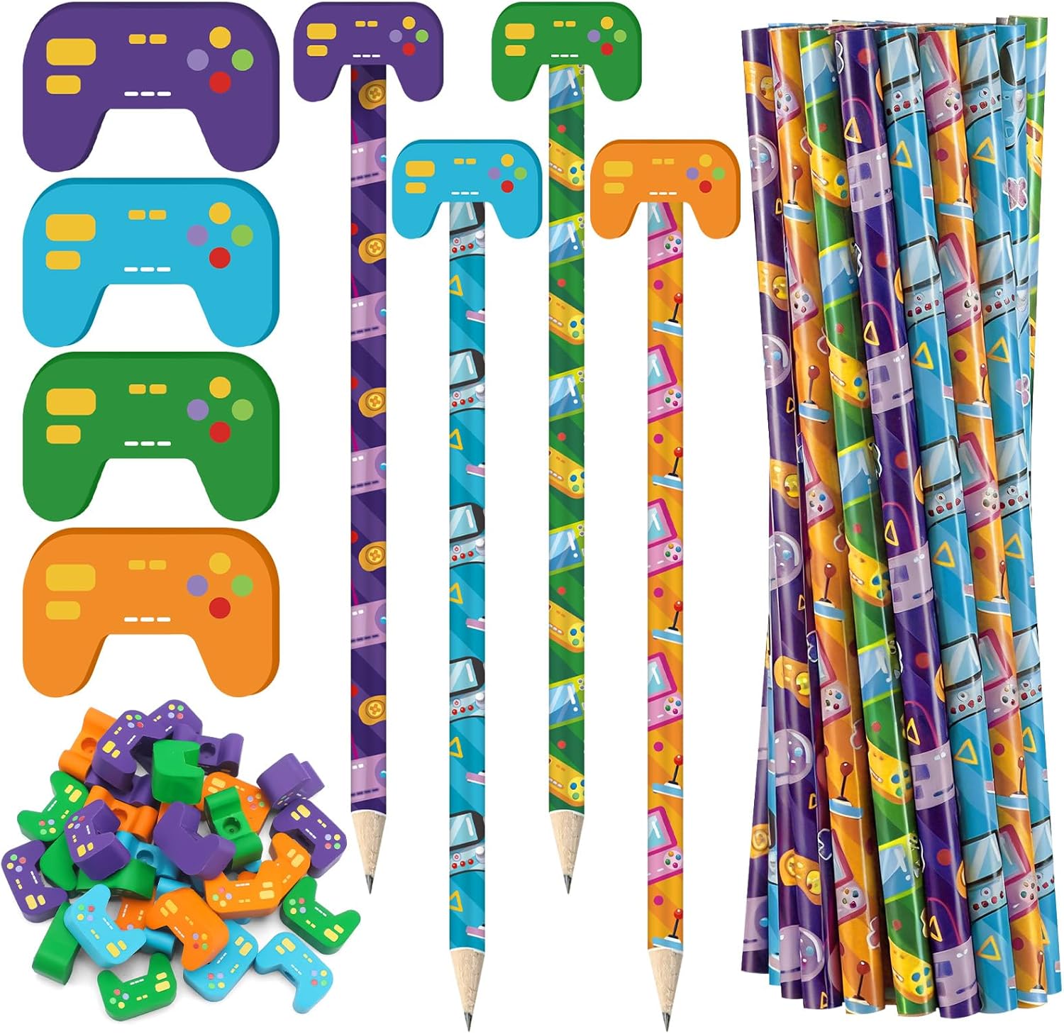 72 Pieces 36 Video Game Pencils 36 Game Controller Erasers Cylinder Wood Pencils with Various Pattern Icons for Classroom Party Supplies Birthday Party Supplies