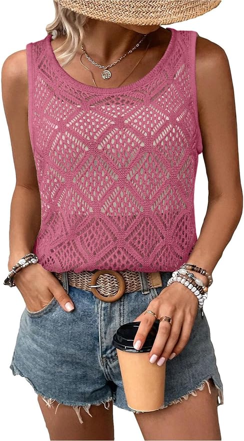Bosmeer Women's Hollow Sweater Vest Crochet Tank Tops Knit Out Slee...