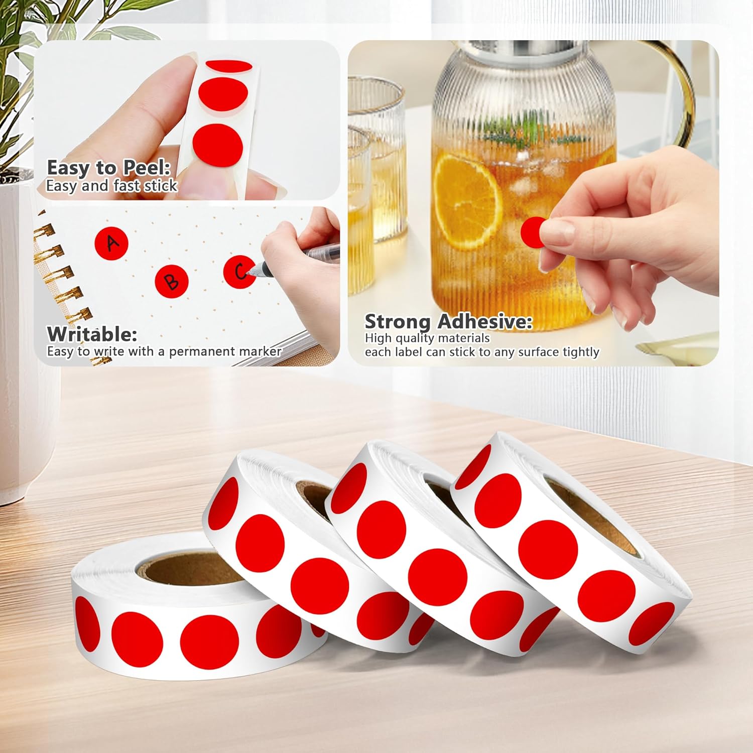 1/2 Inch Round Color Coding Dots - 10 Rolls, 10000 Stickers - Adhesive Color Dot Labels for Organizing Files, Crafts, Office, and School (Red)