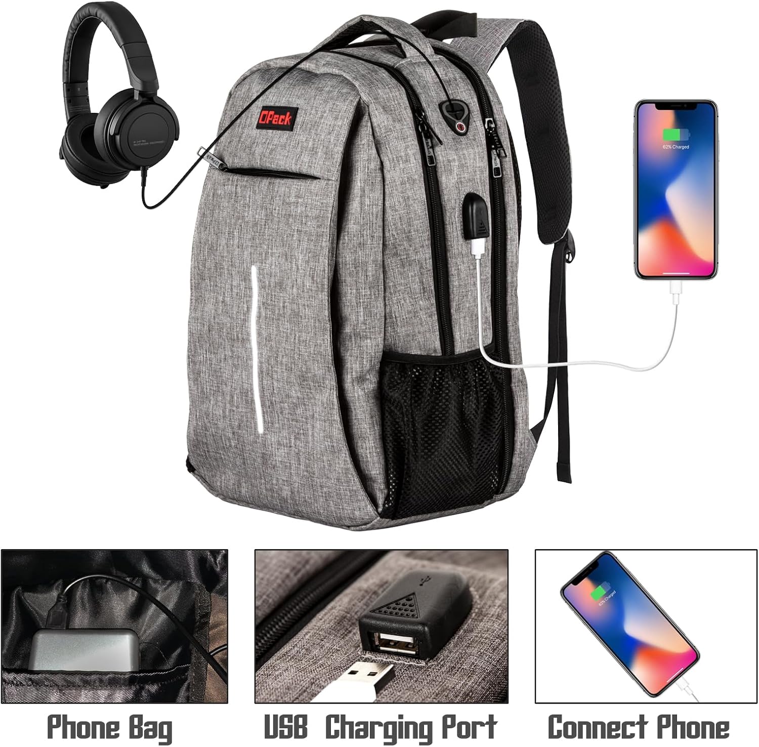 OPACK Travel Business Laptop Backpack, Anti Theft Slim RFID Blocking pocket Durable 15.6 Inch Laptops Backpack, USB Charging Port, Water Resistant