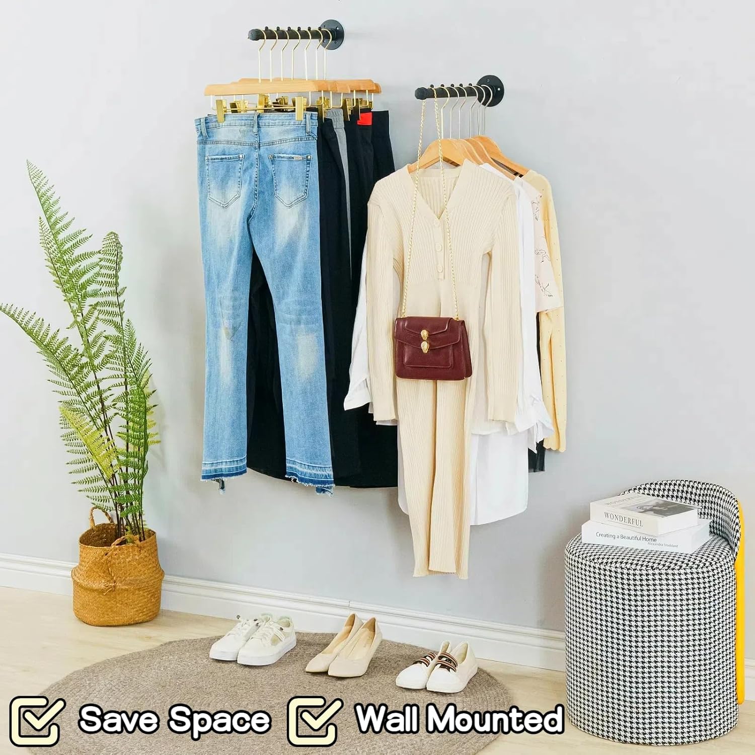 2 Pcs Industrial Pipe Clothing Bar,Wall Mount Clothes Rack for Hanging Clothes - Wall Clothing Rods for Retail Boutique Display (14 in)