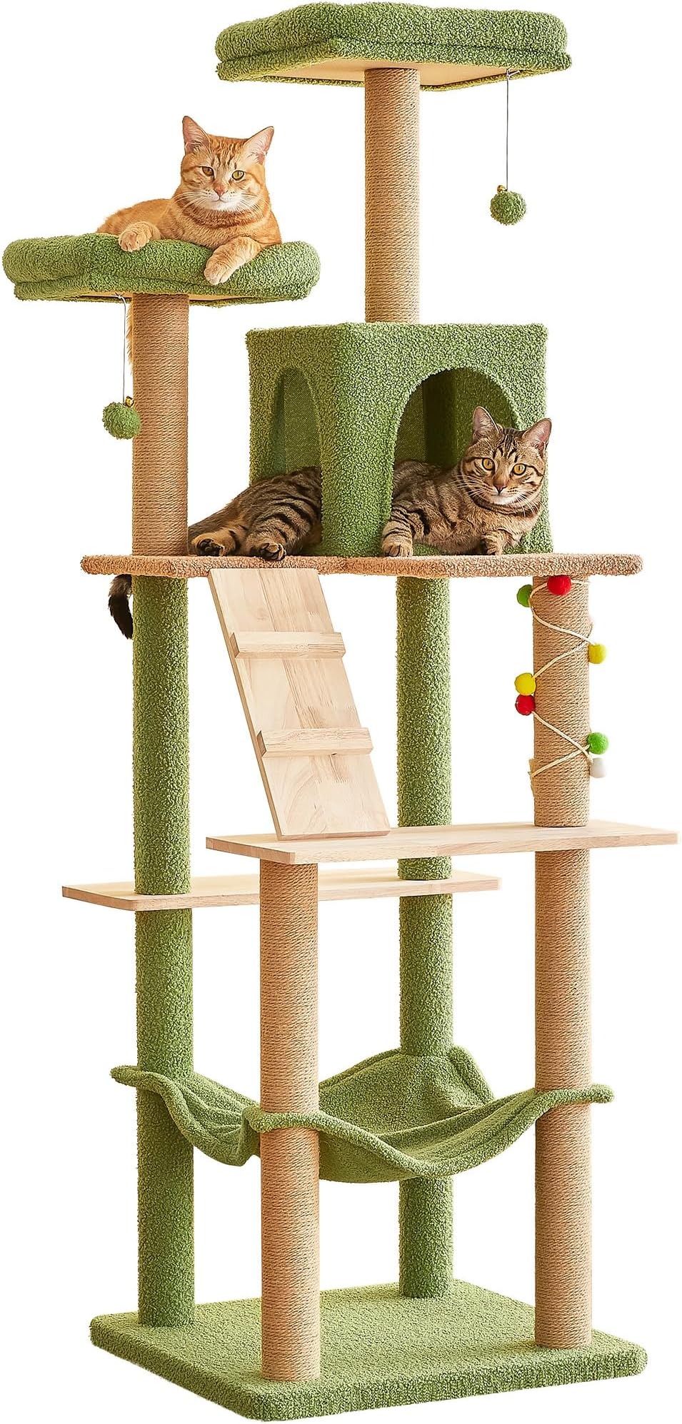 MWPO Green Modern Cat Tree, 70.1-Inch Large Wood Cat Tower for Indoor Cats, Multi-Level Tall Cat Condo with 2 Padded Perches, Hammock, Scratching Posts, Dangling Toys for Large Adult Cat