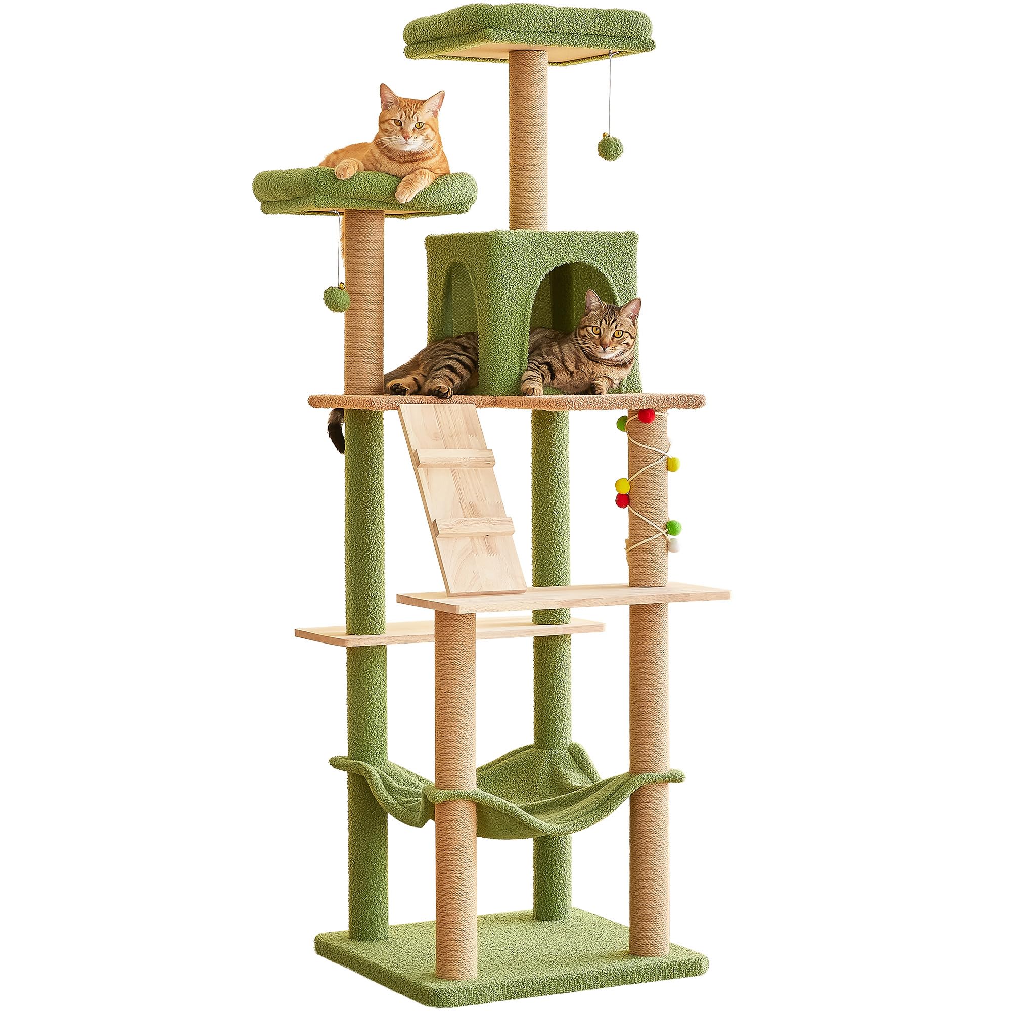 MWPO Green Modern Cat Tree, 70.1-Inch Large Wood Cat Tower for Indoor Cats, Multi-Level Tall Cat Condo with 2 Padded Perches, Hammock, Scratching Posts, Dangling Toys for Large Adult Cat