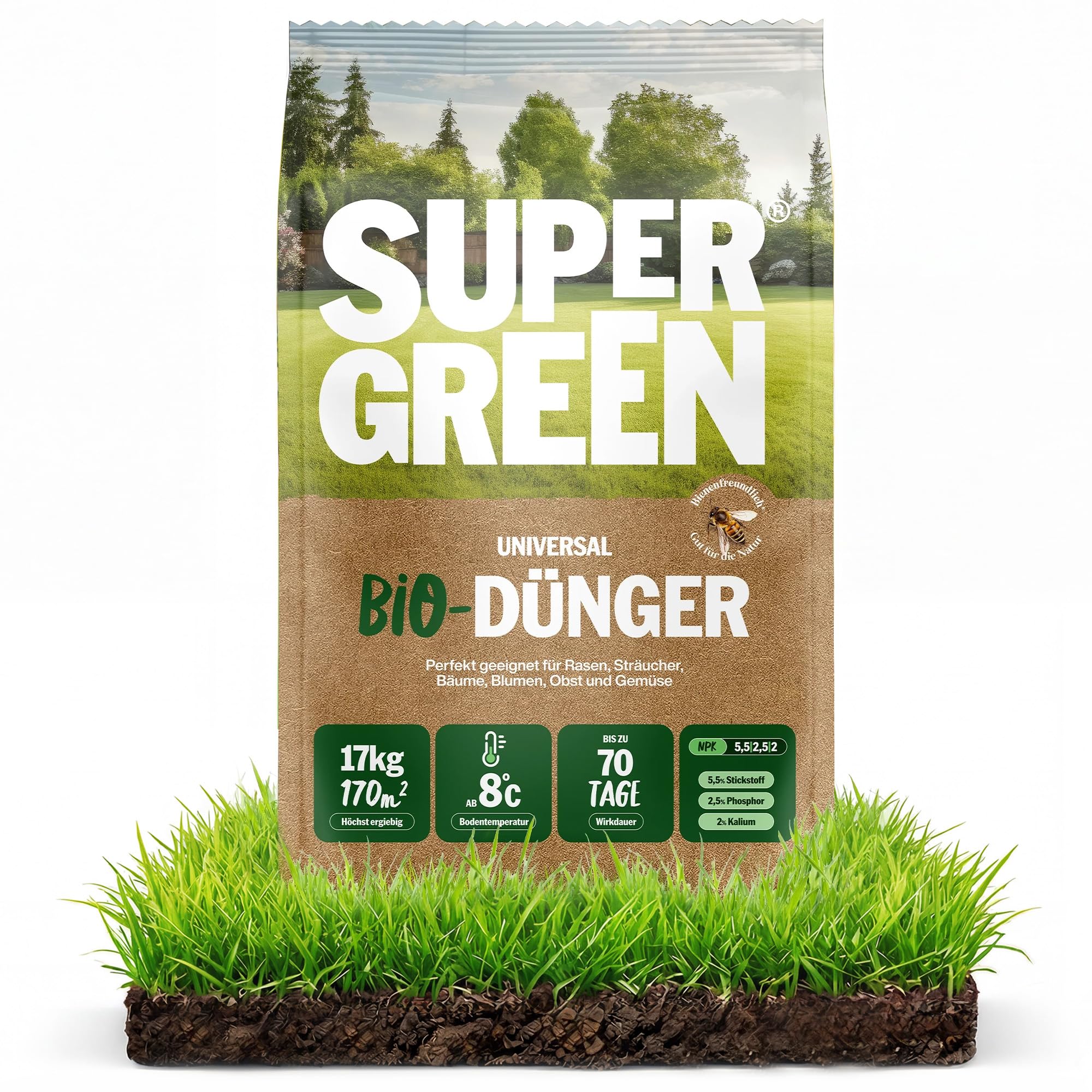 SUPERGREEN Bio-Dünger rein Organisch | 17kg | Langzeit bis 70 Tage | NPK 5,5-2,5-2 für Rasen, Gemüse, Obst & Pflanzen | 100% pflanzlich, vegan & nitratfrei | Feines Granulat | Premium Qualität