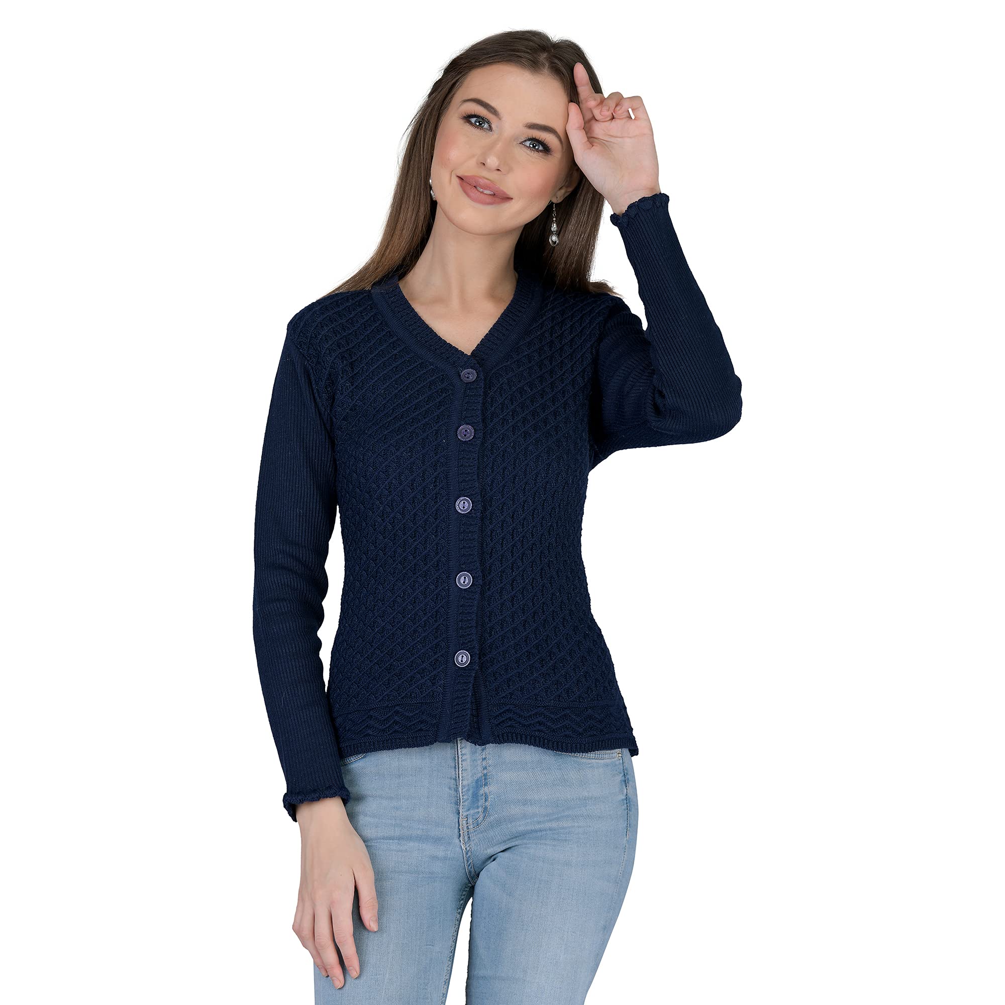 ladywillington Lady Willington Women Woolen V-Neck Self Design Cardigan Heavy Daffodil Fabric Cardigan Winter Wear Pure Wool Cardigan for Women Free Size Long Cotty Fully Warm Cardigans (S, Navy)-picture-29