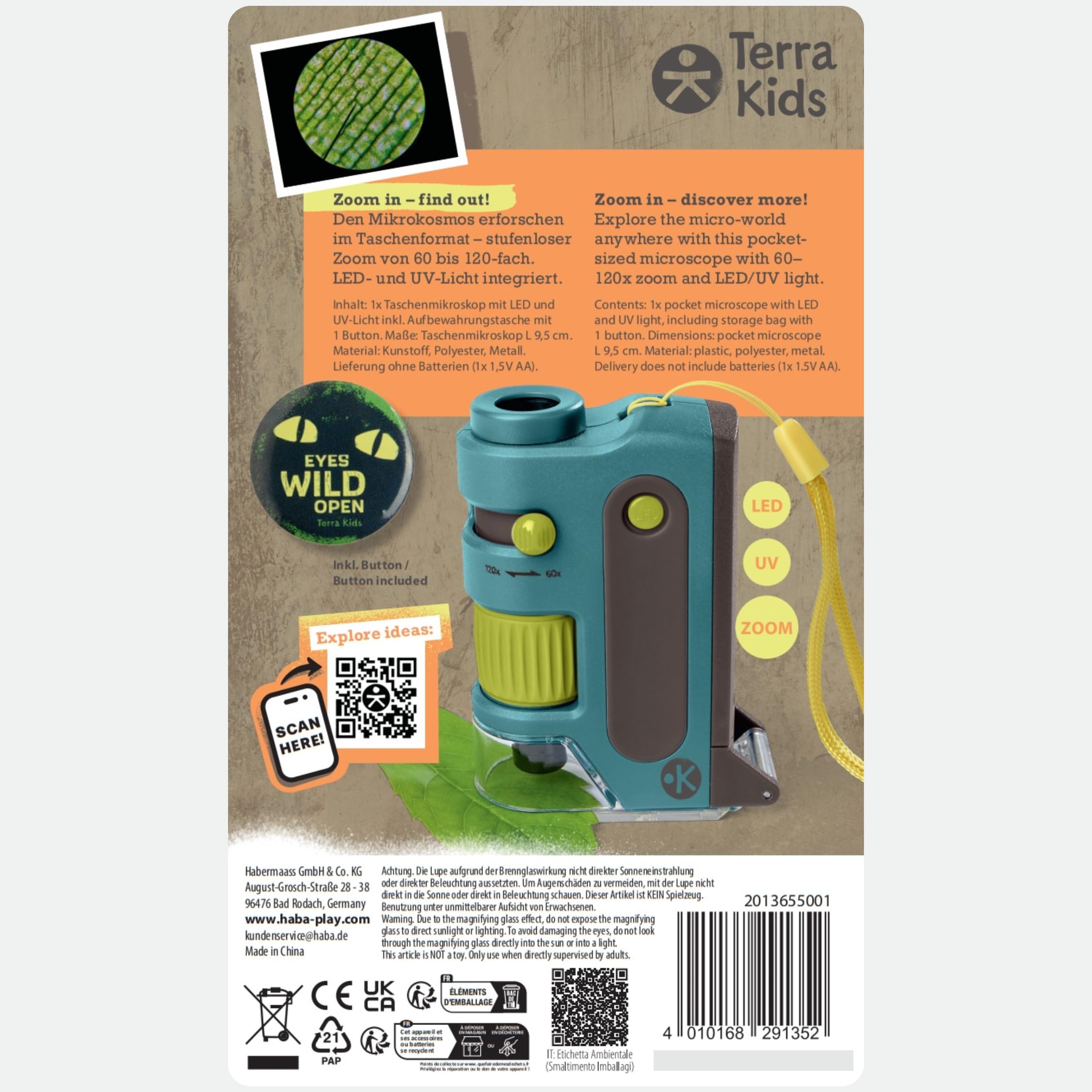 HABA Terra Kids Microscope de Poche pour Enfants – Mini Microscope avec Zoom 60-120x & Double Éclairage, Étui Inclus – Jouet d'Éveil Scientifique dès 4 Ans – 2013655001