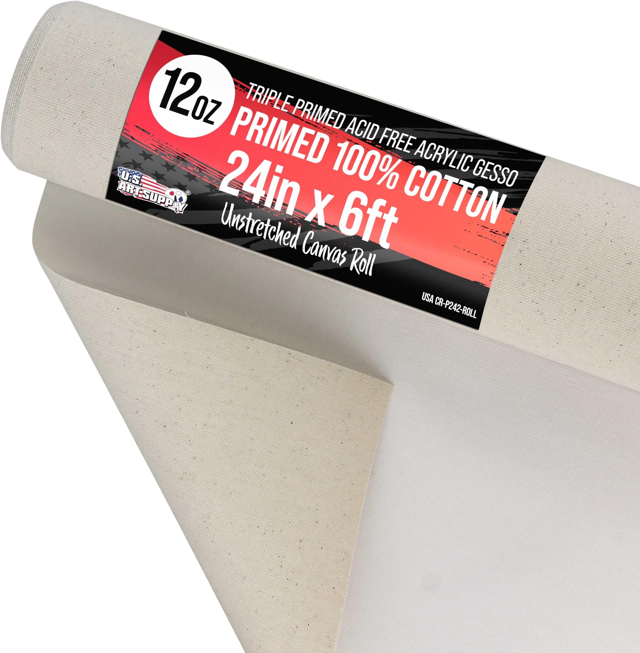 U.S. Art Supply 24" Wide x 2 Yards (6 Feet) Long Unstretched Canvas Roll - 100% Cotton, 12-Ounce Triple Primed Gesso, Acid-Free - Pro Artist Quality, Oil & Acrylic Painting, Murals, Backdrop, Cut Size