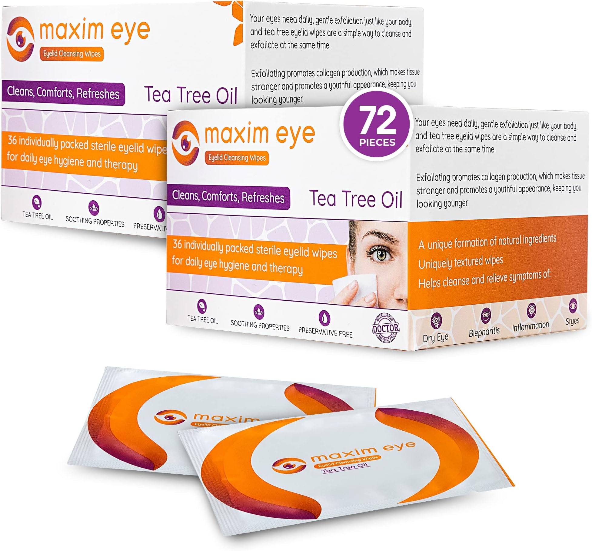 Maxim Eye 2 PK Tea Tree Eyelid Wipes 36 Pieces (72 Pieces in total), Exfoliating