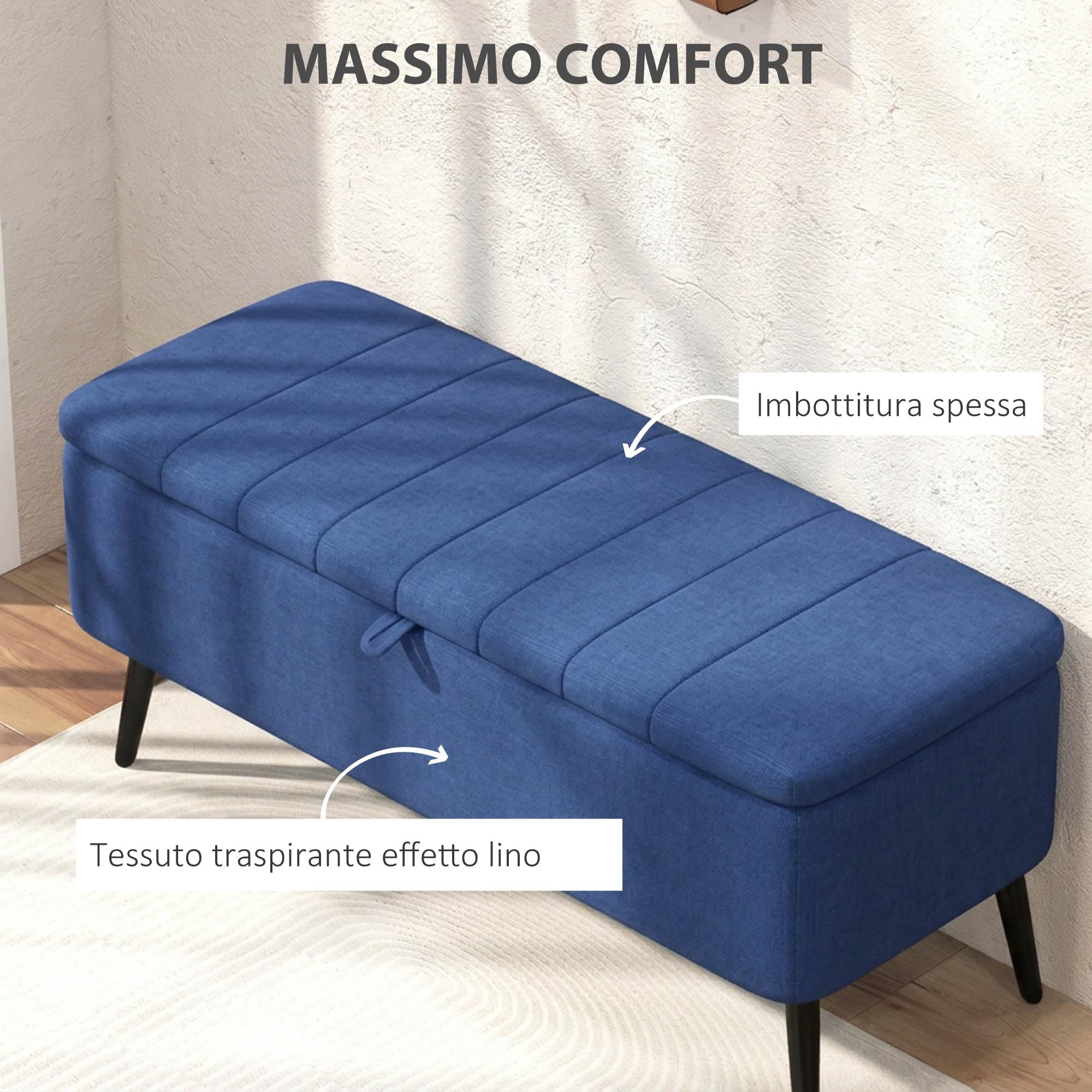 HOMCOM Panca Contenitore Rettangolare con Seduta Imbottita e Gambe in Acciaio, Pouf Poggiapiedi in Tessuto Effetto Lino per Camera da Letto e Soggiorno, 102x40x44 cm, Blu Scuro