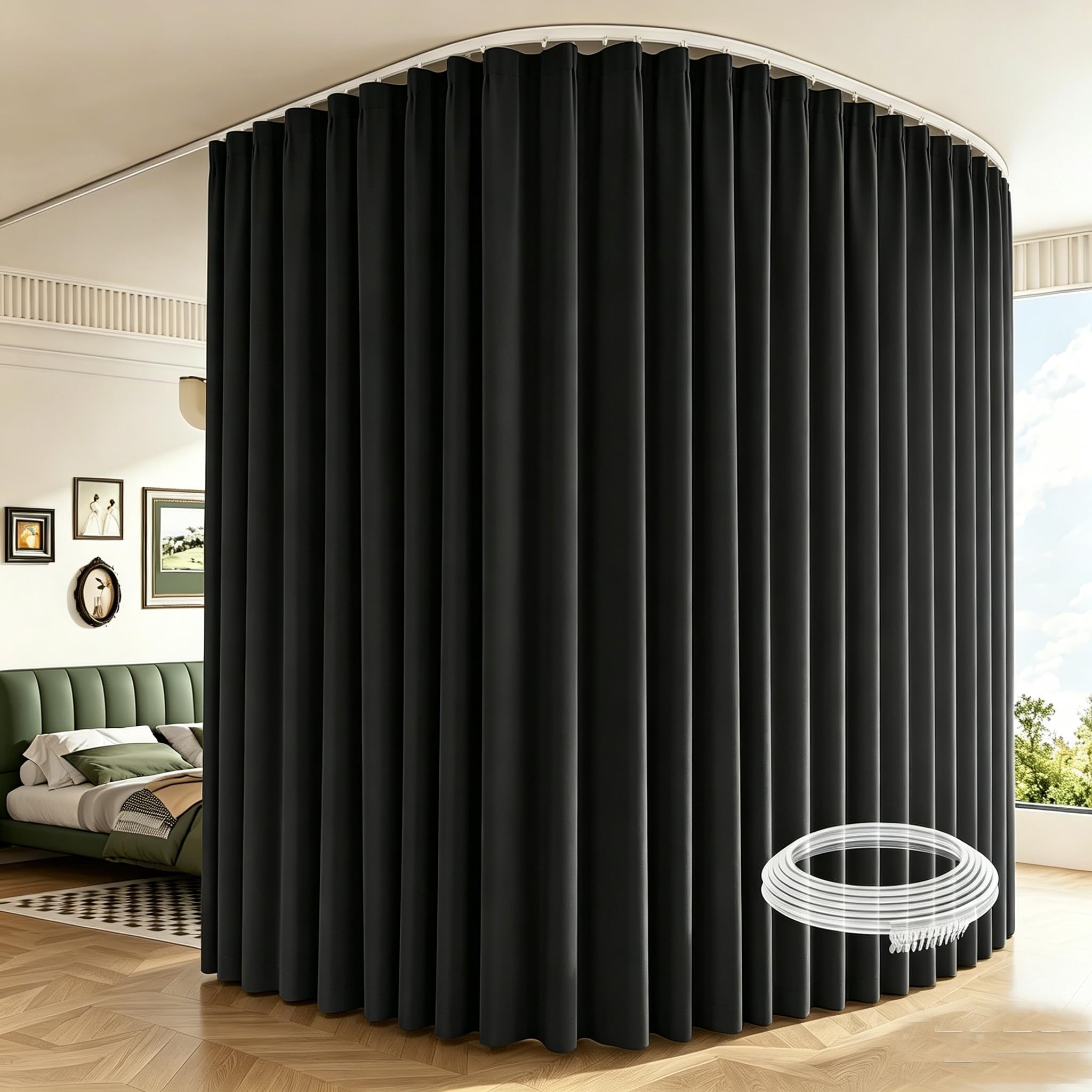 Room Divider Curtains with Ceiling Track, Wide Curtain for Room Partition (Black, 1 Pack(180''W x 96''L))