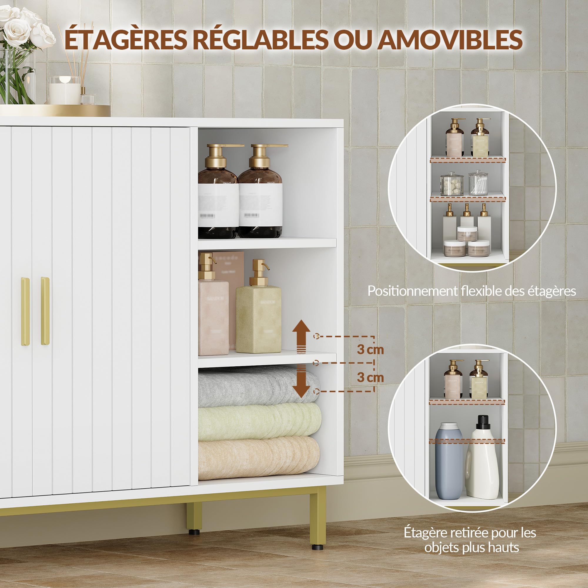 Meuble de Salle de Bain, 100 x 35 x 75 cm, Blanc et Doré | Armoire de Rangement, Buffet Indépendant à Deux Portes, Étagères Réglables, FFBC021PW1