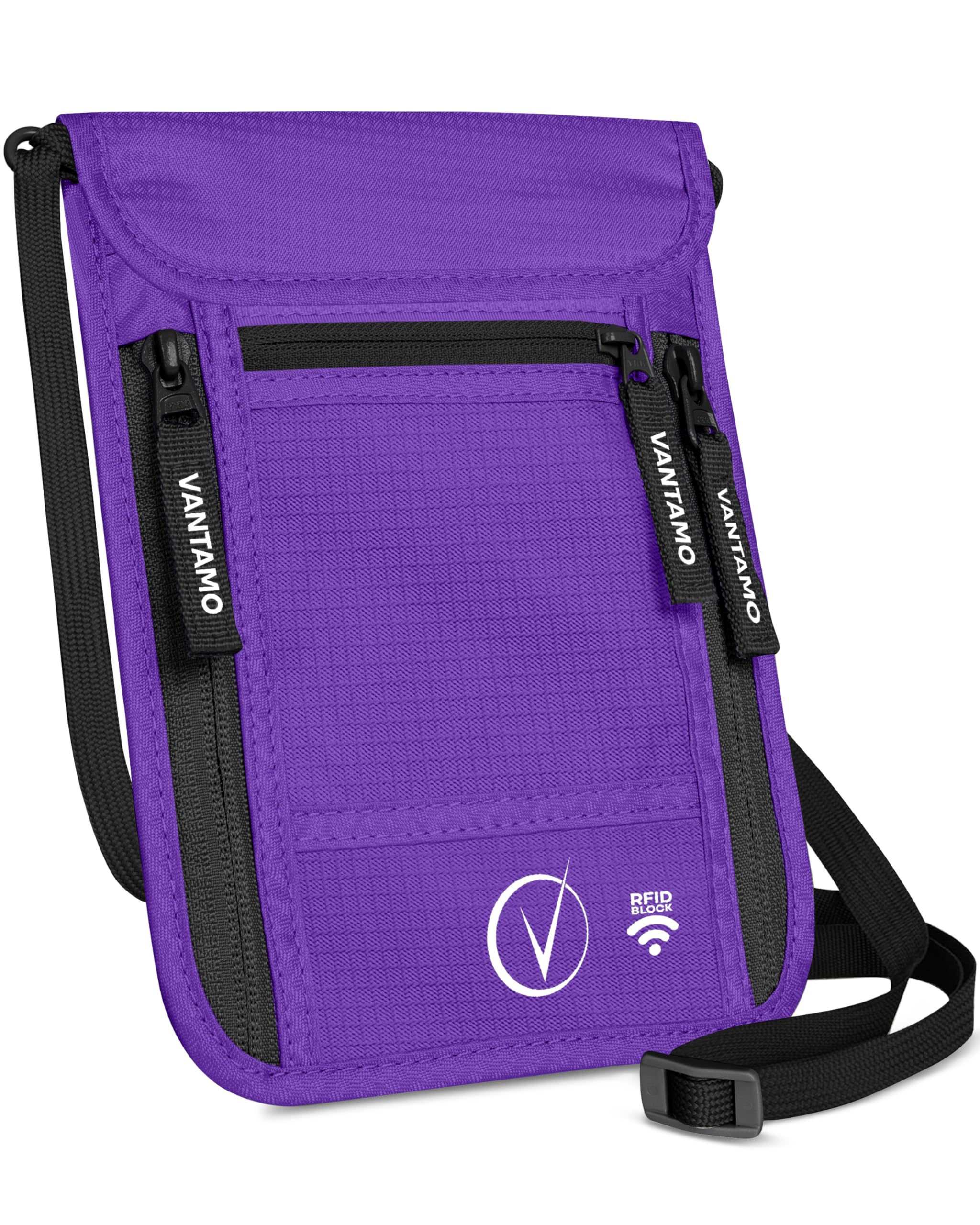 Premium Neck Wallet Travel Pouch and Passport Holder, RFID Protected, Fits Cover. Violett, Schwarz, Umhängebrieftasche für Männer und Frauen