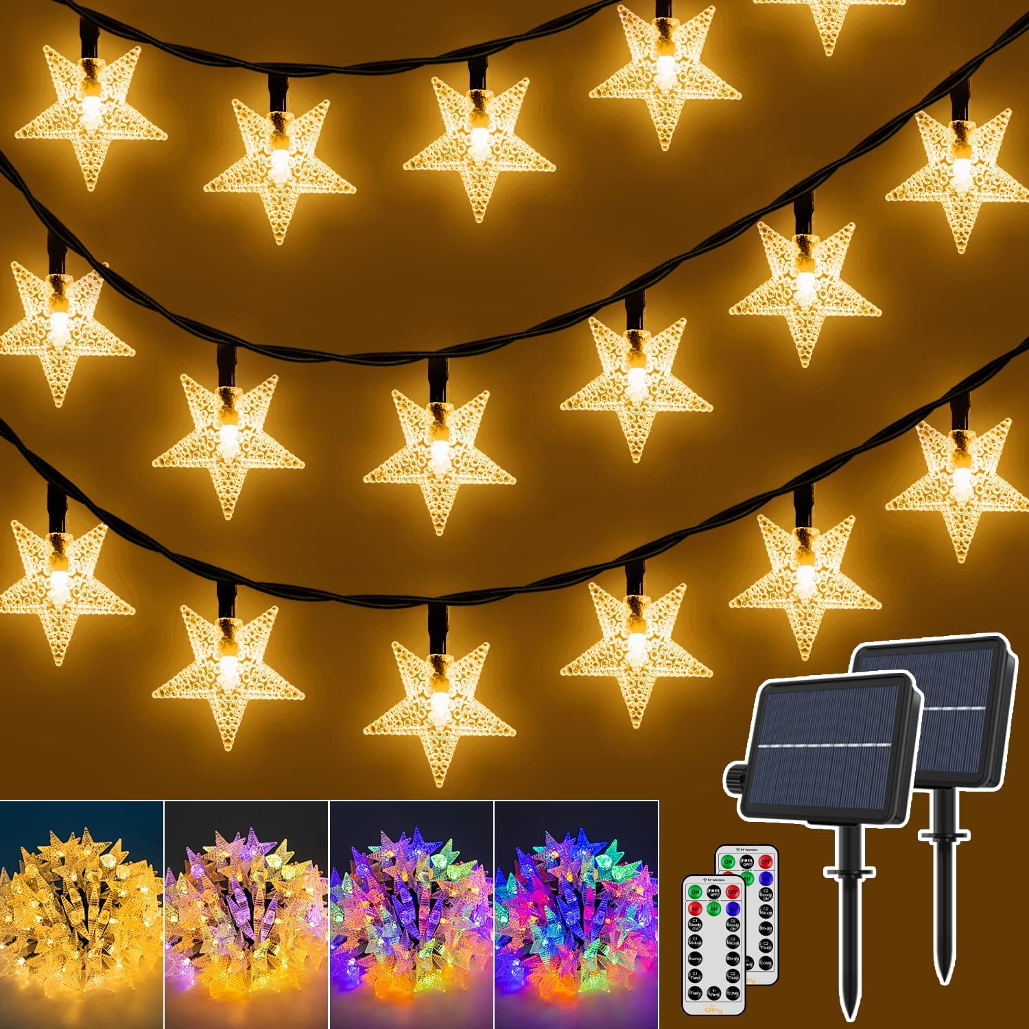 Ollny Solar Christmas Lights, Solar Star String Lights 2Pack Each 50LED 25FT Warm White & Multicolor Outdoor Patio Lights, with Remote 11Modes Memory Waterproof Timer for Christmas Garde Decorations