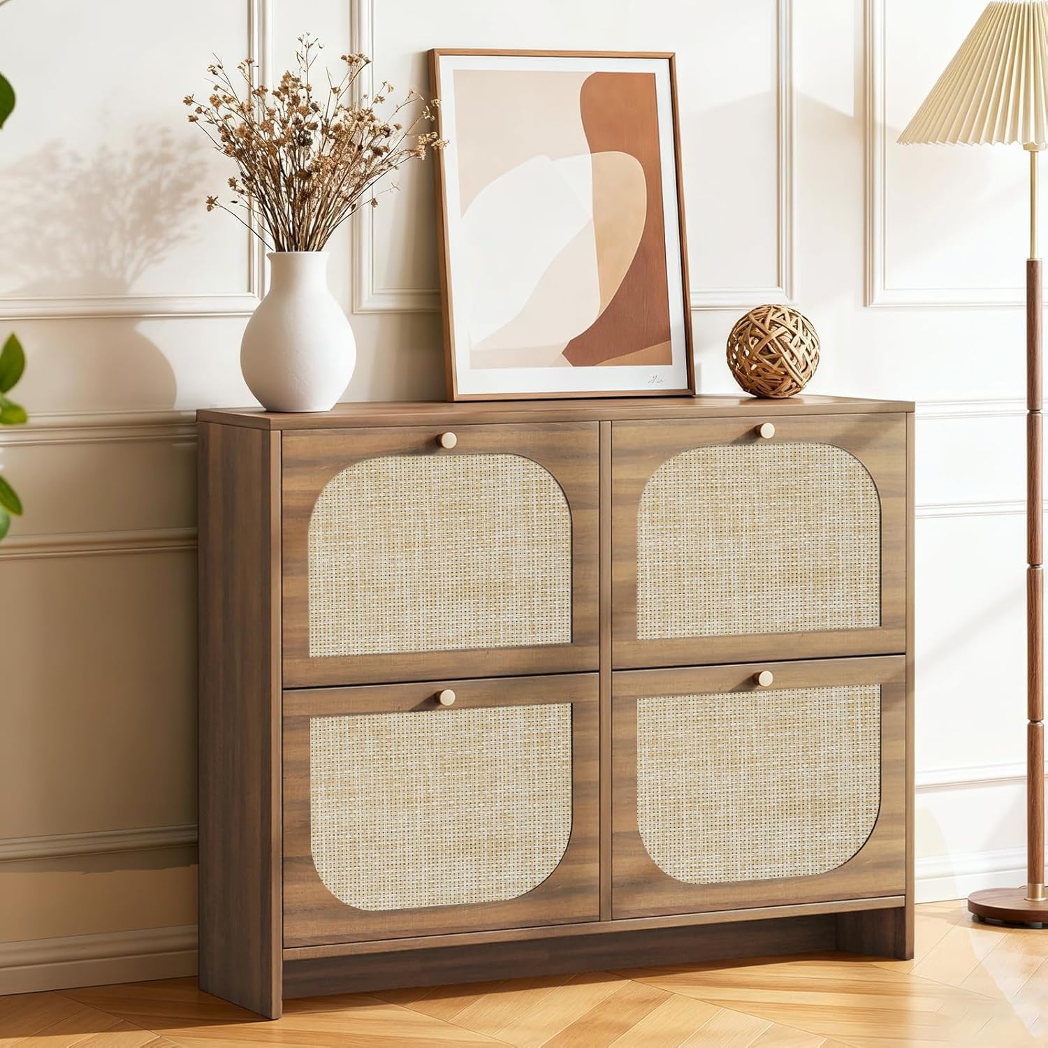 nicetree freestanding ultra slim fluted accent shoe storage cabinet for entryway - 4 flip drawers & 3-tier adjustable shelves, farmhouse modern rustic shoe rack for hallway, foyer, living room