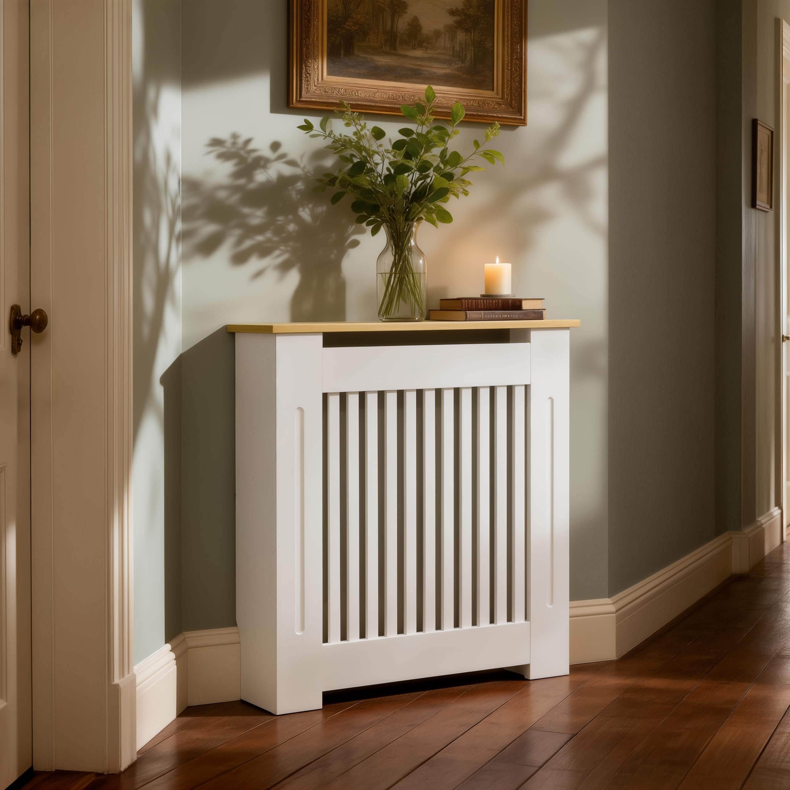 FATIVO Cubre Radiadores Blanco Moderno: 78x20x83 cm Cubre Radiador de MDF, Cubreradiador con Estante de Veta de Madera, Consola Auxiliar para Salón y Pasillo, Diseño Reforzado y Duradero