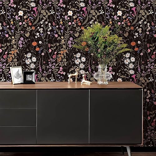Miniatura 5 de Papel tapiz autoadhesivo con diseño floral de flores negrasmoradas, papel de contacto decorativo extraíble para dormitorio, armario, sala de estar,