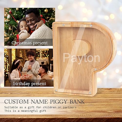 Miniatura 5 de Wooden Piggy Bank Personalized 26 English Alphabet Letter Coin Bank Custom Money Box Wooden Piggy Bank Gift for Kids Christmas Birthday Gift Home