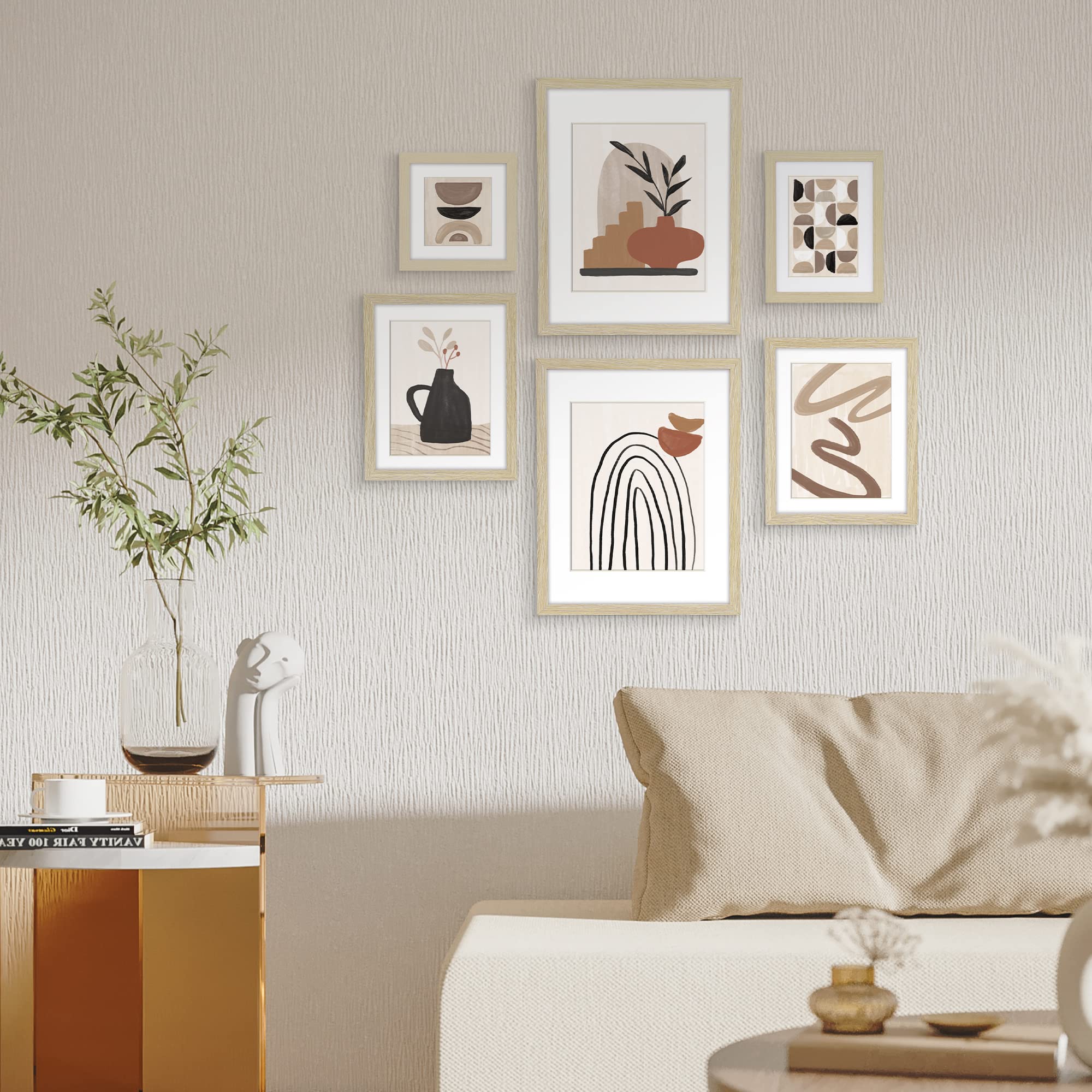 ArtbyHannah 6-Pack Boho Gallery Wall Frame Set with Decorative Bohemia Wall Art Pictures and Neutral Framed Collage Multi-Size 11x14 x2, 8x10 x2, 6x6 x1, 6x8 x1