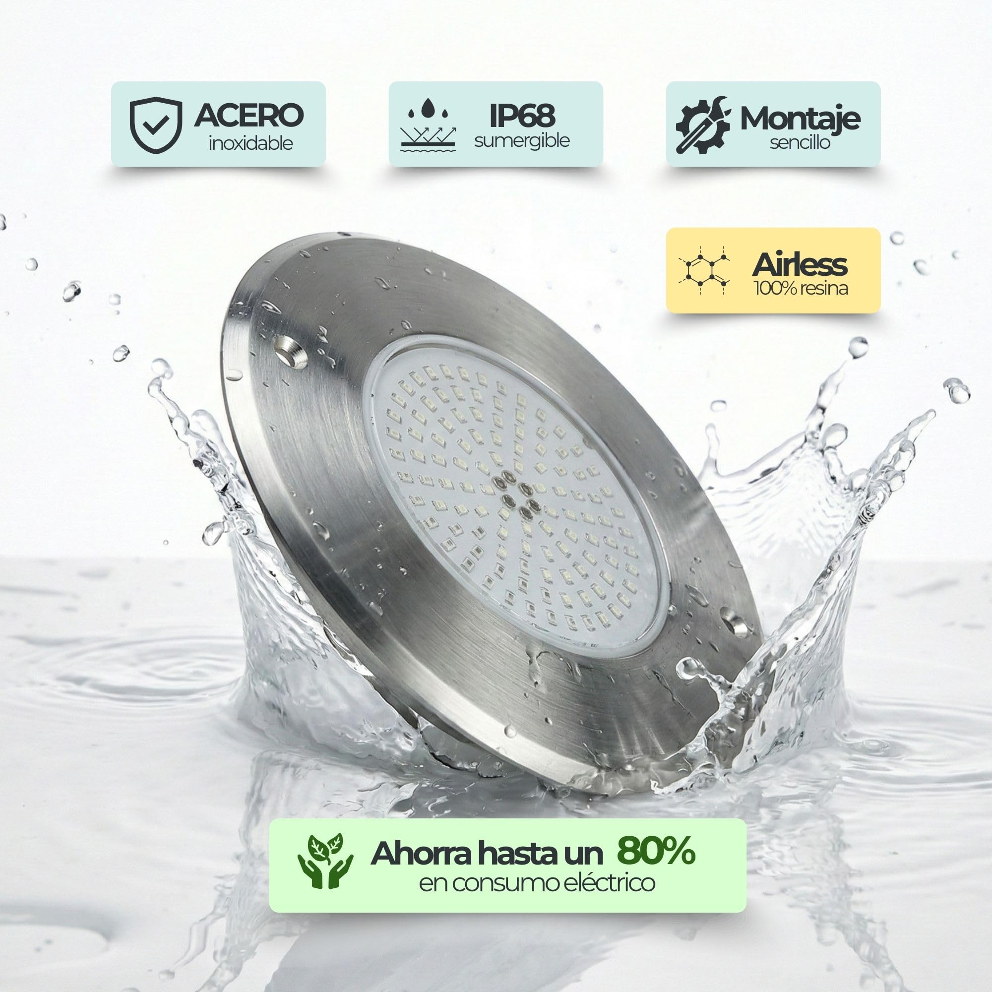SWIMHOME Warmpool Foco LED Mini para Piscina Extraplano Acero Inoxidable Blanco Frío 6000K IP68 Resina Ø16cm 10W 12V AC
