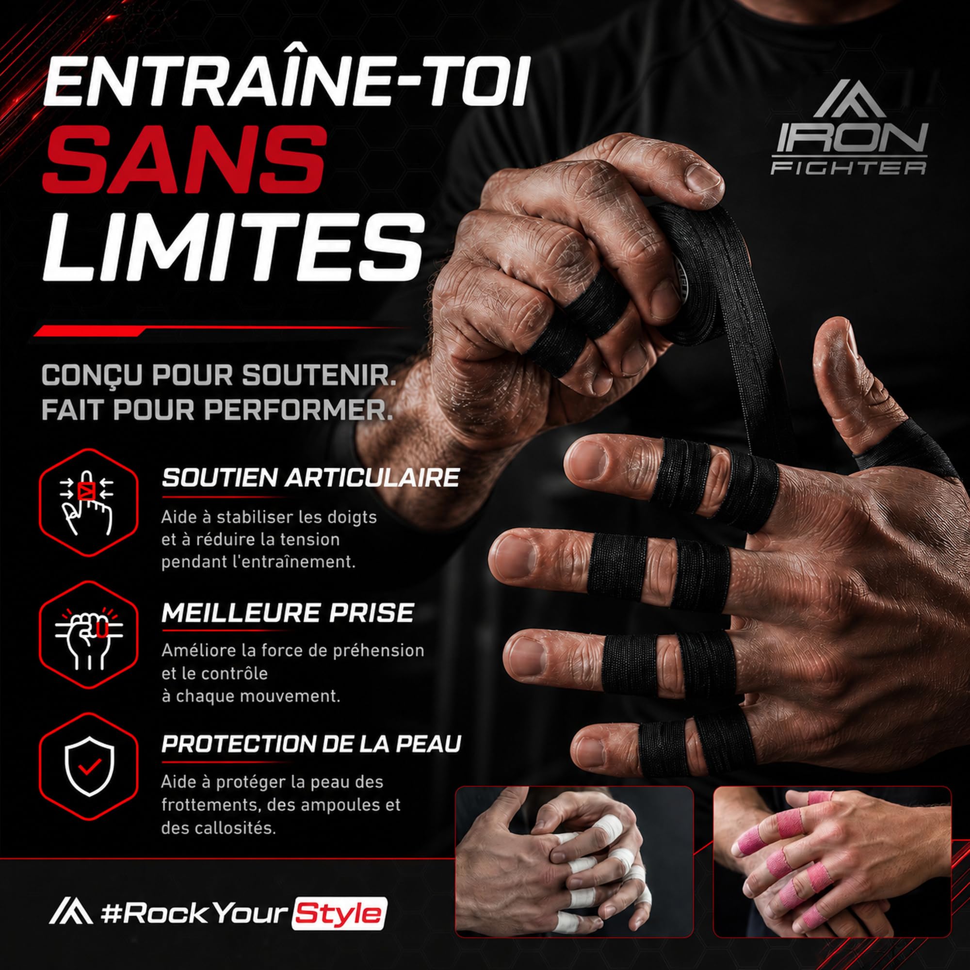 6X Strap Doigt 0,8cm x 13,7m (Total 82m) - JJB Jiu Jitsu Bresilien - Escalade - Crossfit - MMA - Grappling - Judo - Volleyball - Musculation - Rouleaux de Finger Tape Noir