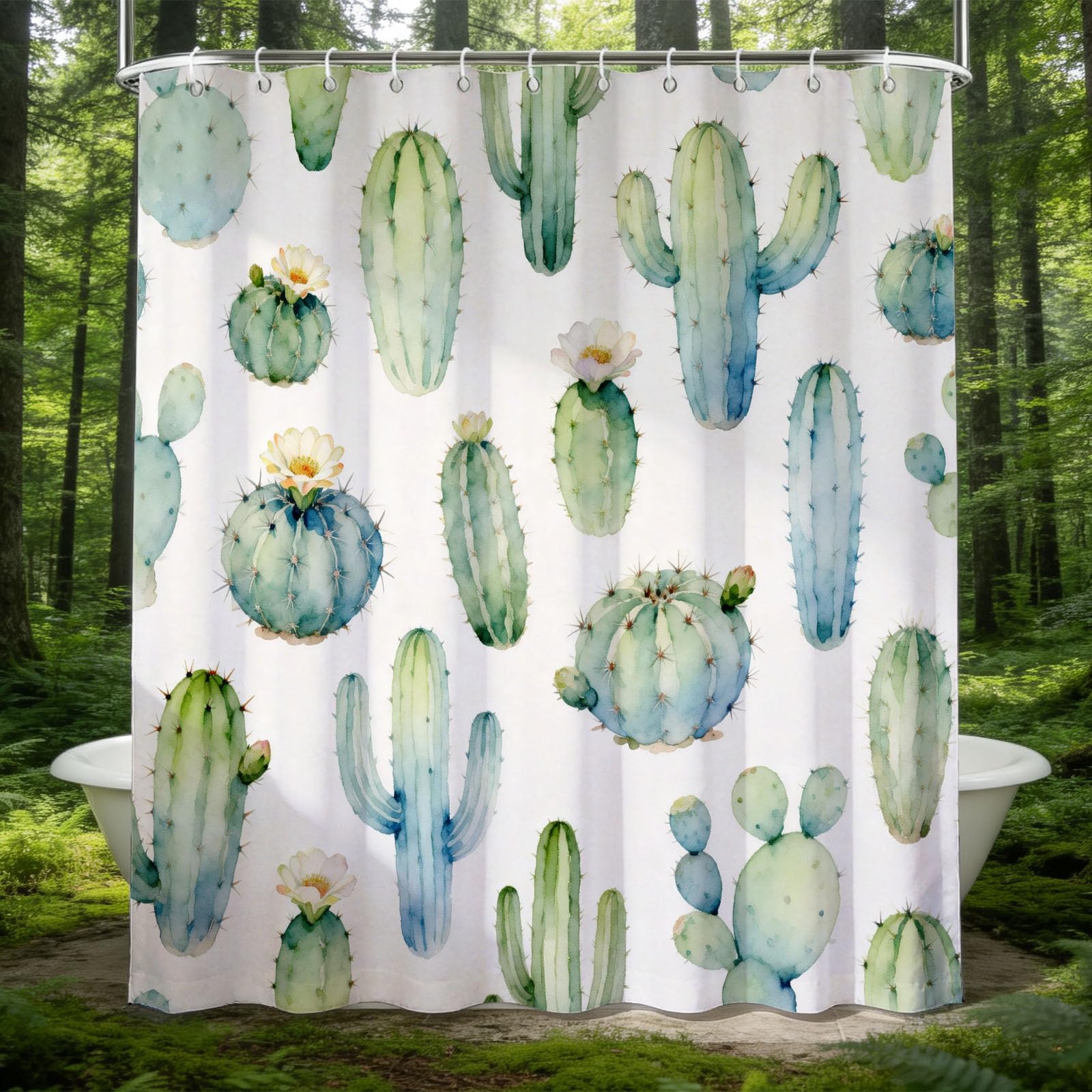 Hongduo 3D Watercolor Cactus Shower Curtain for Stalls Bathtubs Nature Theme Bathroom Decor Shower Curtain Set Polyester Fabric Waterproof 180x180cm/71X71 Inch with Hooks